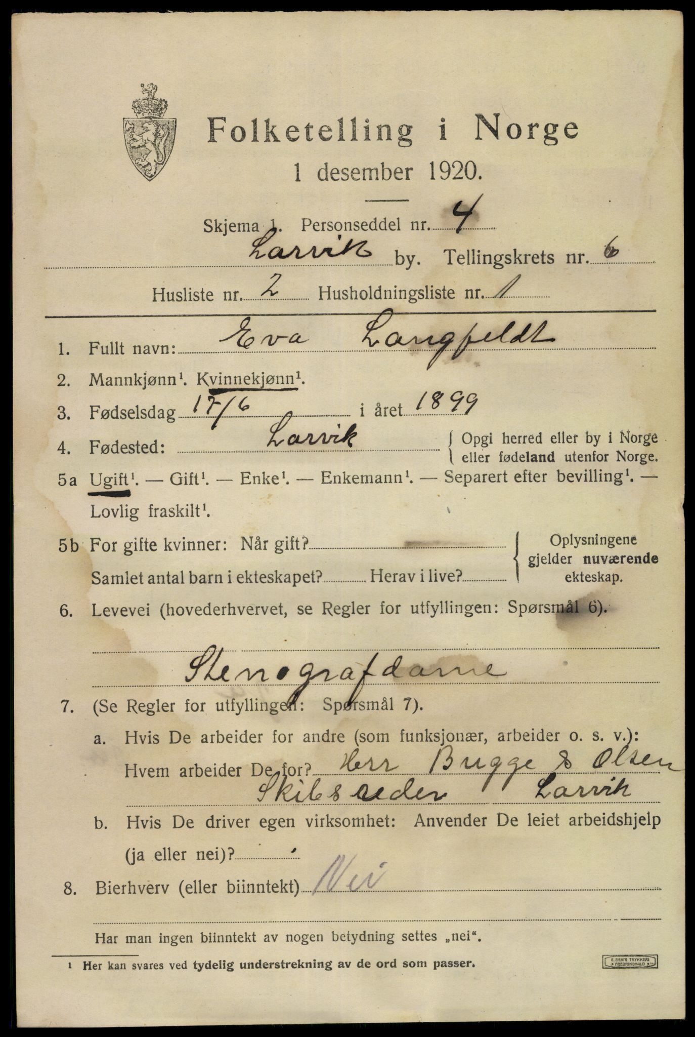 SAKO, 1920 census for Larvik, 1920, p. 17954