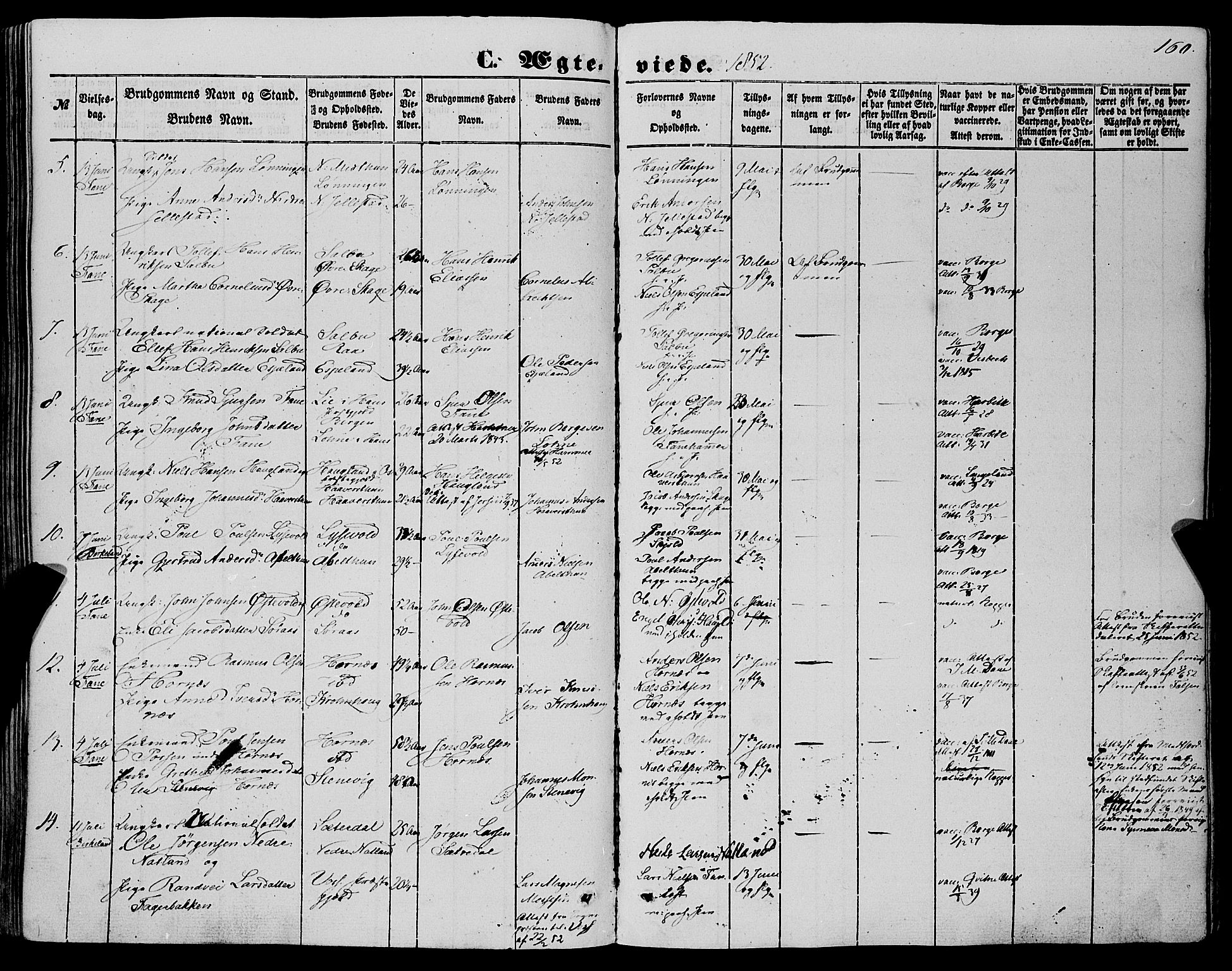 Fana Sokneprestembete, AV/SAB-A-75101/H/Haa/Haaa/L0011: Parish register (official) no. A 11, 1851-1862, p. 160