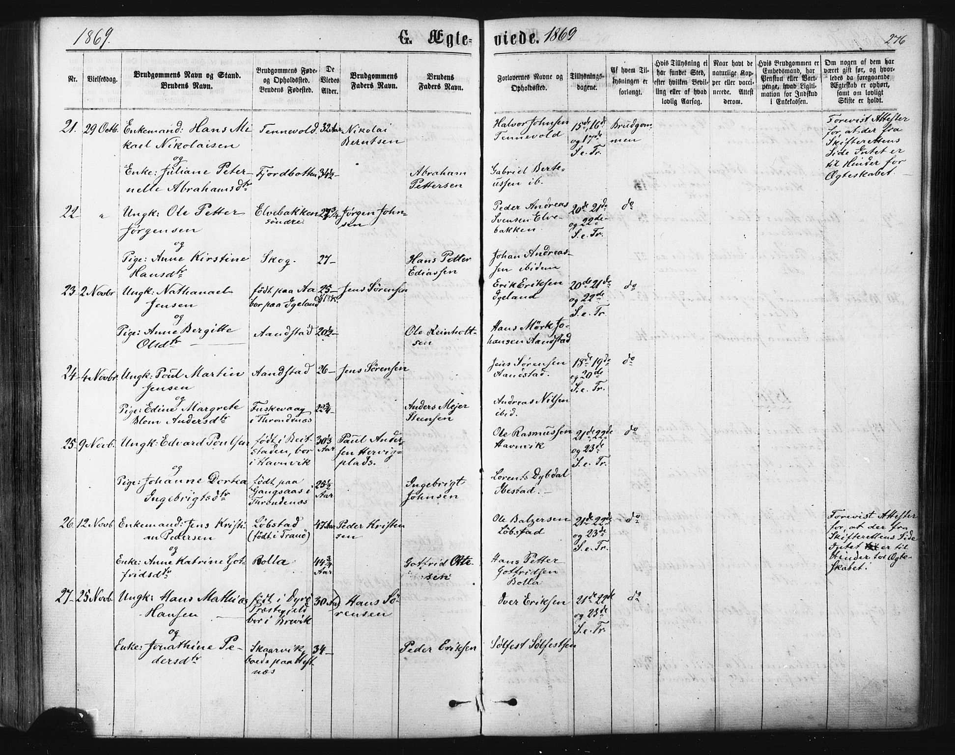 Ibestad sokneprestembete, SATØ/S-0077/H/Ha/Haa/L0010kirke: Parish register (official) no. 10, 1869-1879, p. 276