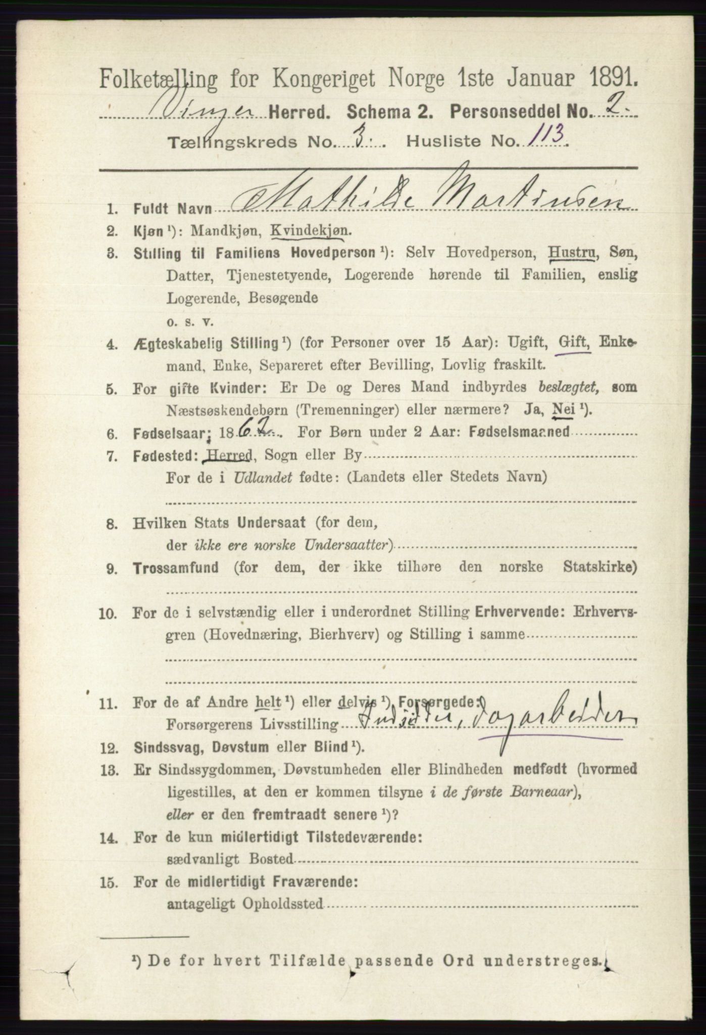 RA, 1891 census for 0421 Vinger, 1891, p. 1578