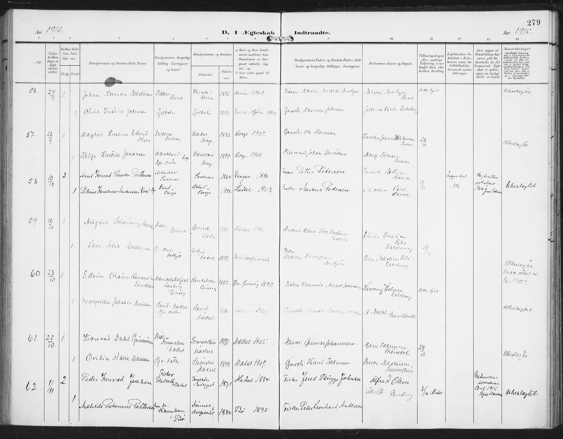 Ministerialprotokoller, klokkerbøker og fødselsregistre - Nordland, AV/SAT-A-1459/874/L1063: Parish register (official) no. 874A07, 1907-1915, p. 279