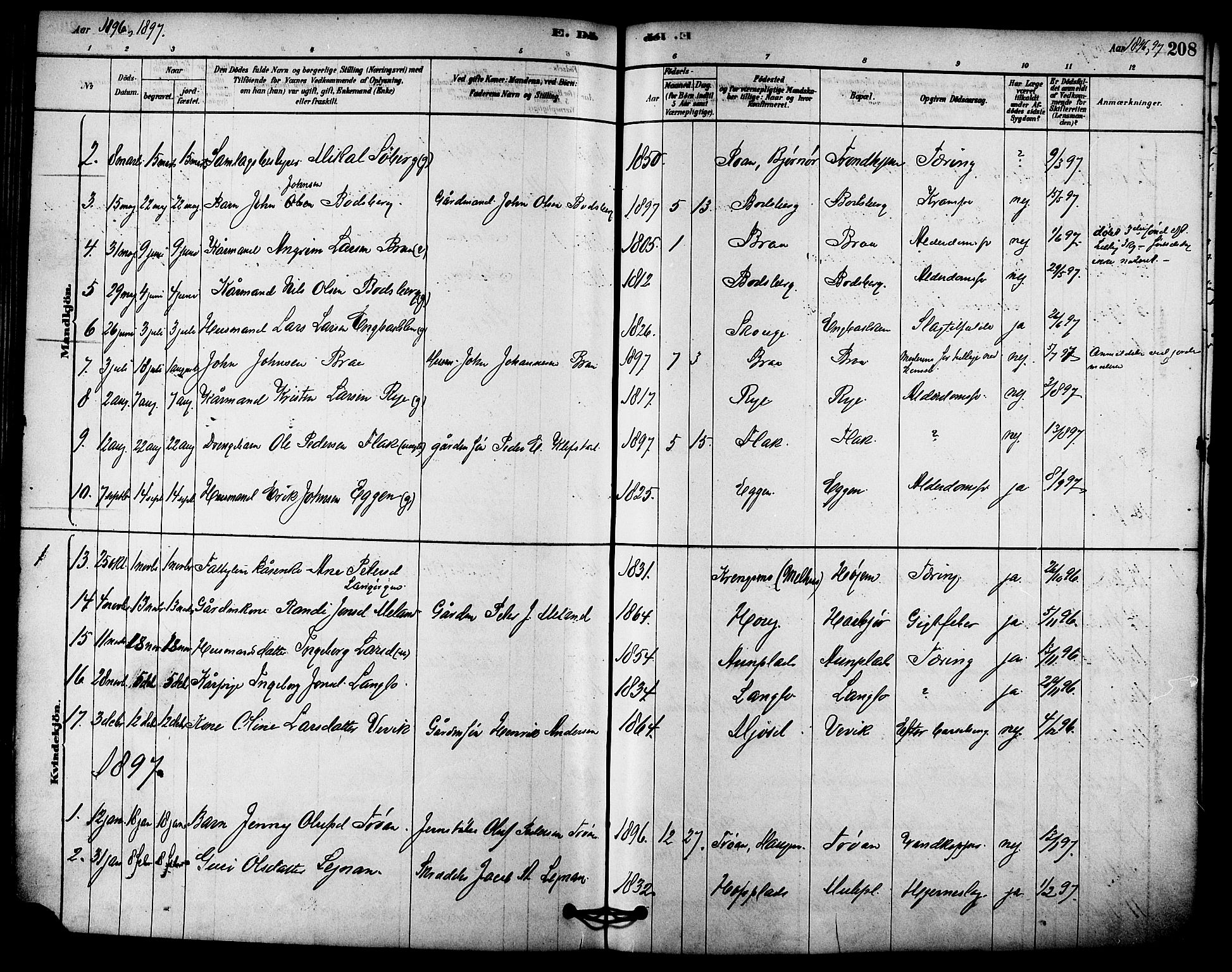 Ministerialprotokoller, klokkerbøker og fødselsregistre - Sør-Trøndelag, AV/SAT-A-1456/612/L0378: Parish register (official) no. 612A10, 1878-1897, p. 208