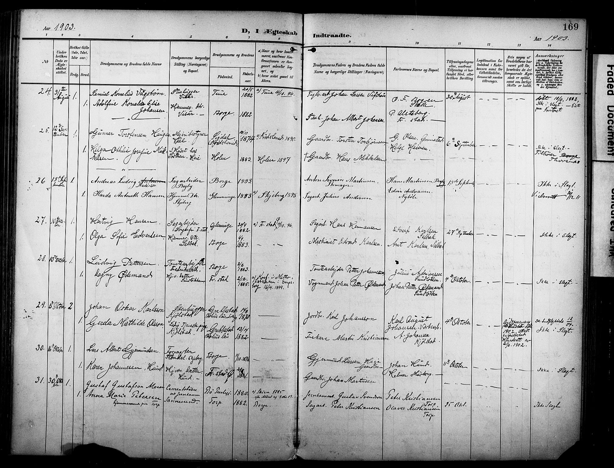 Borge prestekontor Kirkebøker, AV/SAO-A-10903/F/Fa/L0009: Parish register (official) no. I 9, 1902-1911, p. 169