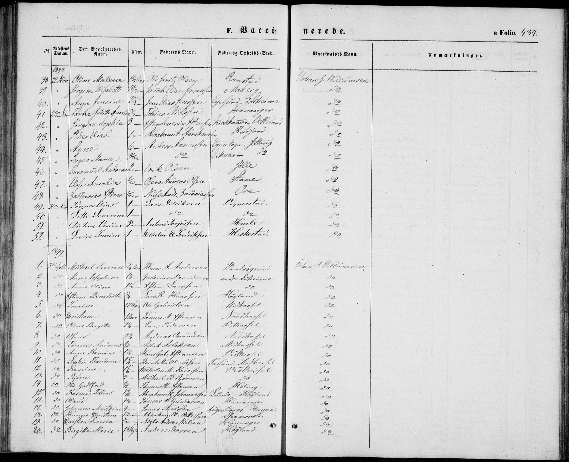 Lista sokneprestkontor, AV/SAK-1111-0027/F/Fb/L0002: Parish register (copy) no. B 2, 1847-1862, p. 437