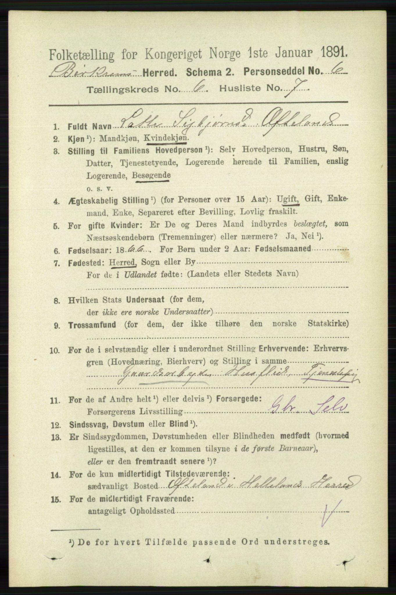 RA, 1891 census for 1114 Bjerkreim, 1891, p. 2113