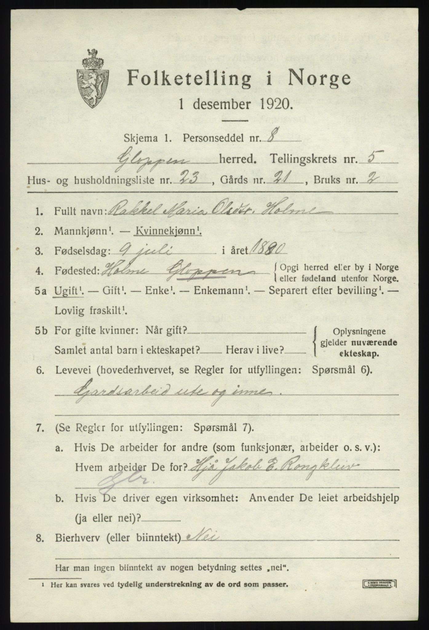 SAB, 1920 census for Gloppen, 1920, p. 3704