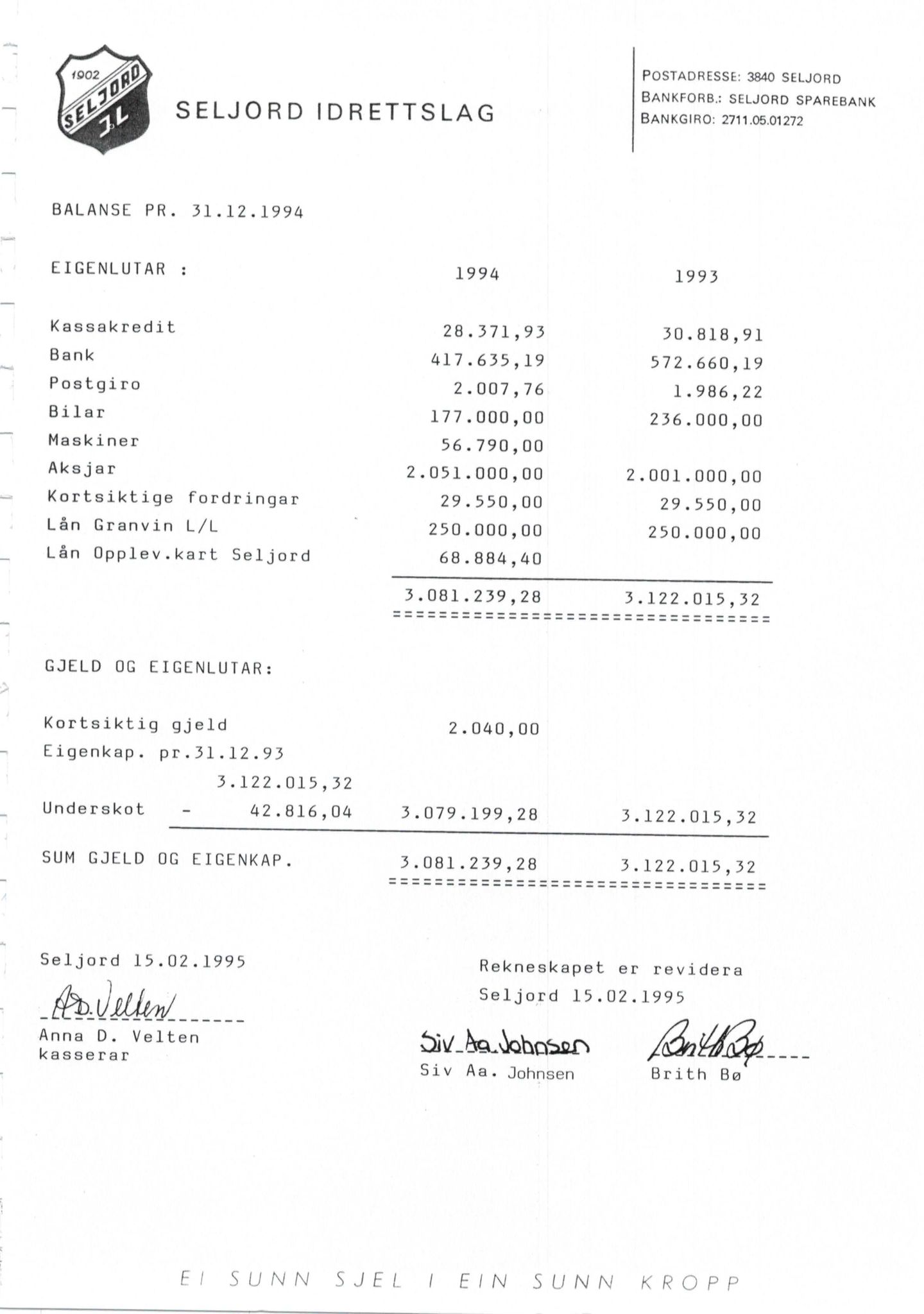 Seljord Idrettslag, VTM/A-1034/A/Ab/L0002: Årsmeldingar, 1993