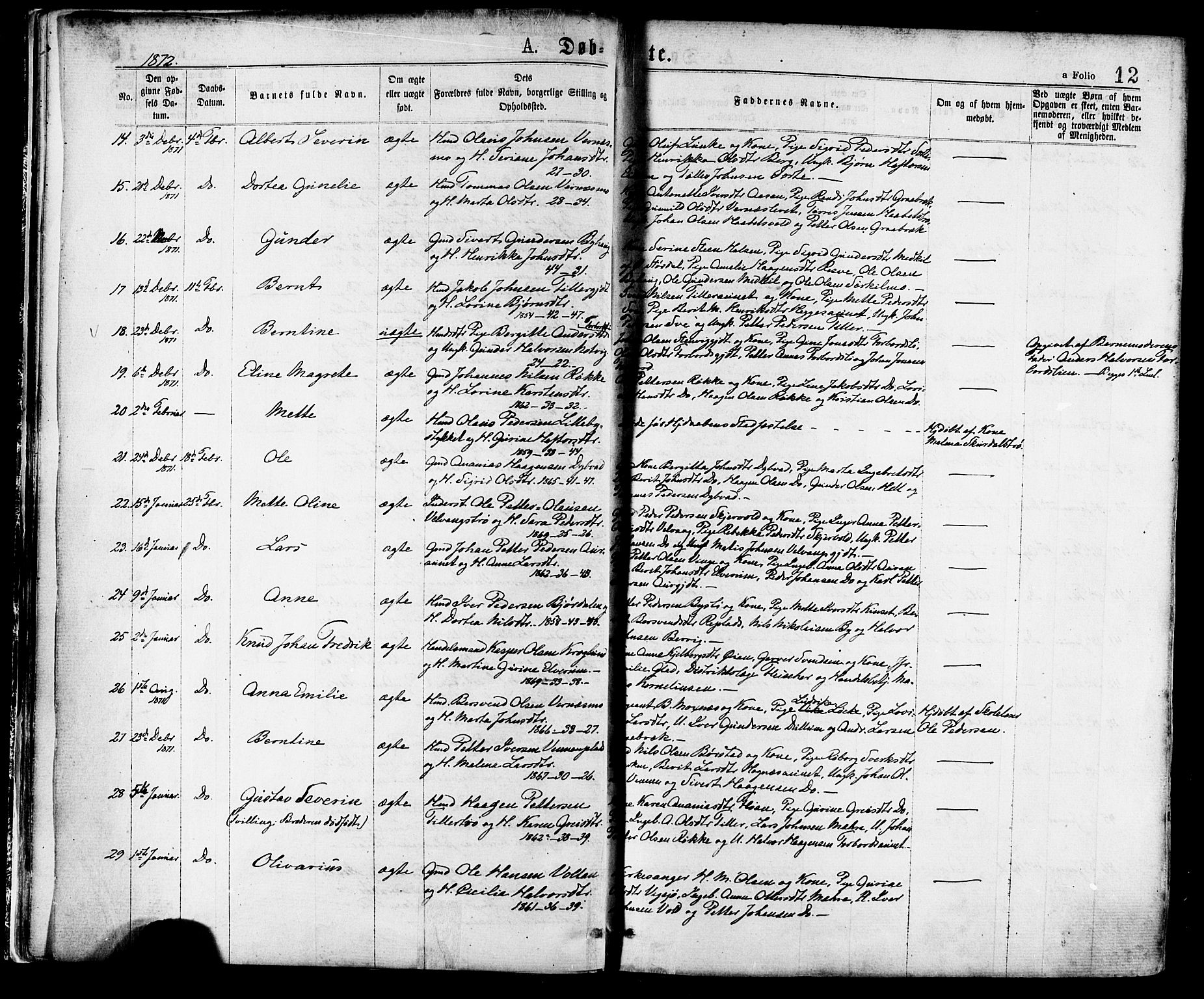 Ministerialprotokoller, klokkerbøker og fødselsregistre - Nord-Trøndelag, SAT/A-1458/709/L0076: Parish register (official) no. 709A16, 1871-1879, p. 12