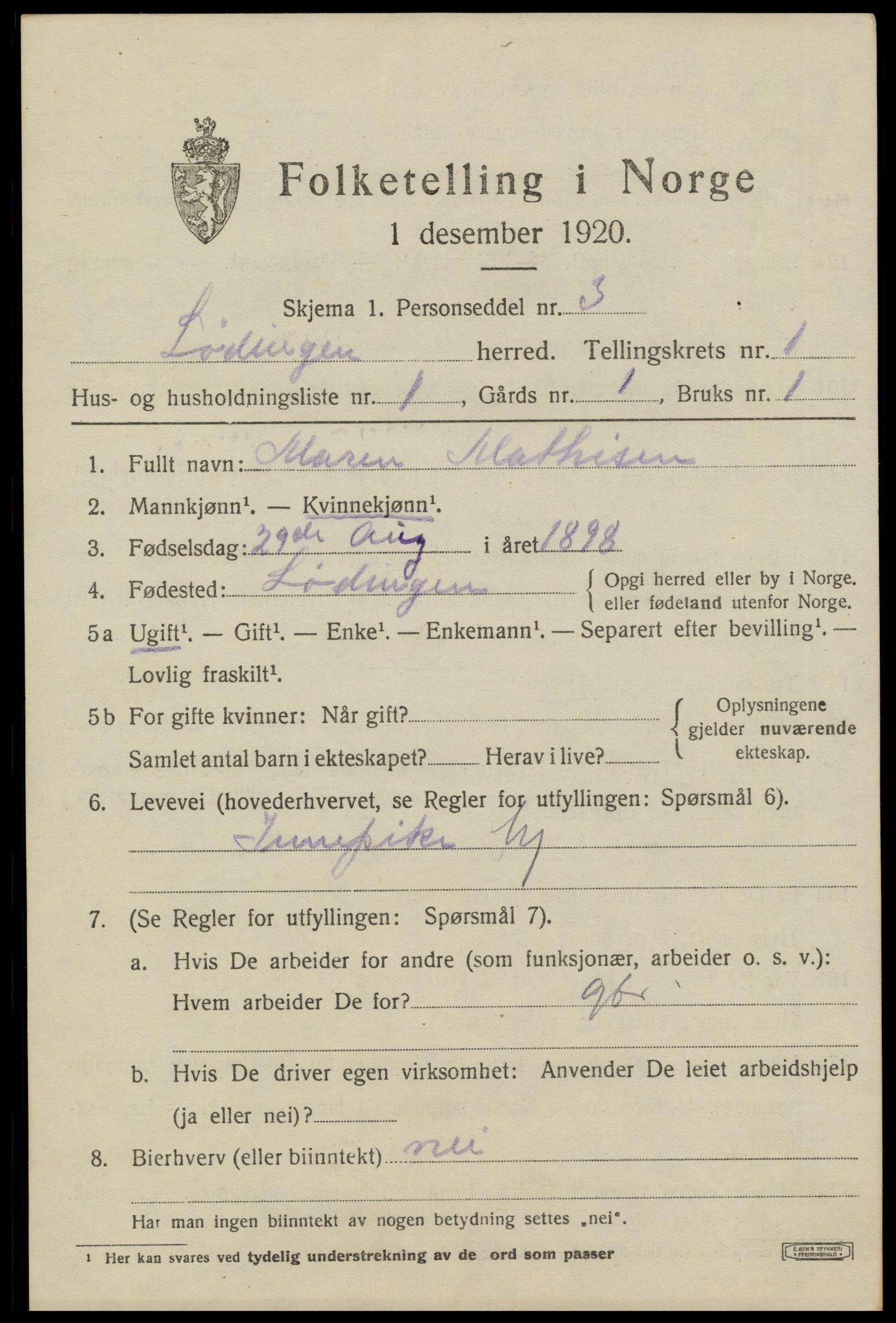 SAT, 1920 census for Lødingen, 1920, p. 1029