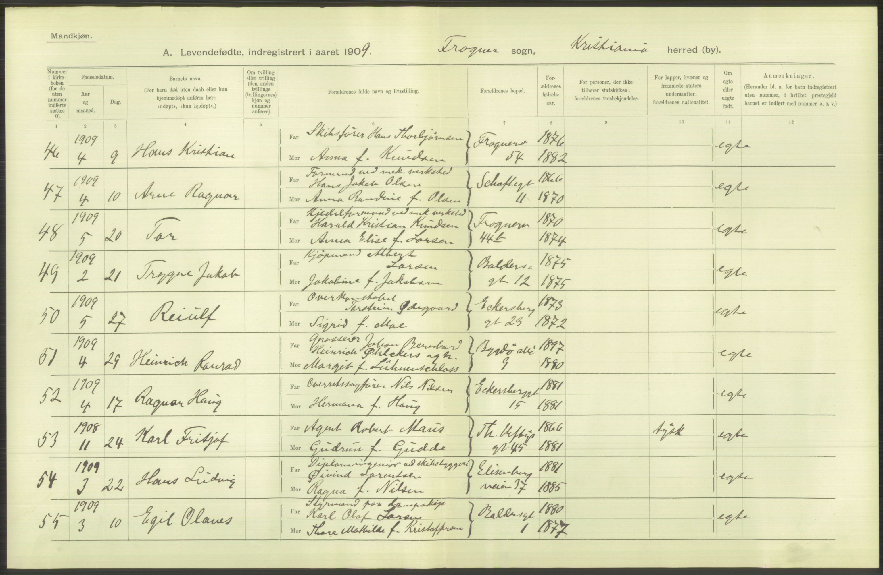 Statistisk sentralbyrå, Sosiodemografiske emner, Befolkning, RA/S-2228/D/Df/Dfa/Dfag/L0007: Kristiania: Levendefødte menn og kvinner., 1909, p. 340