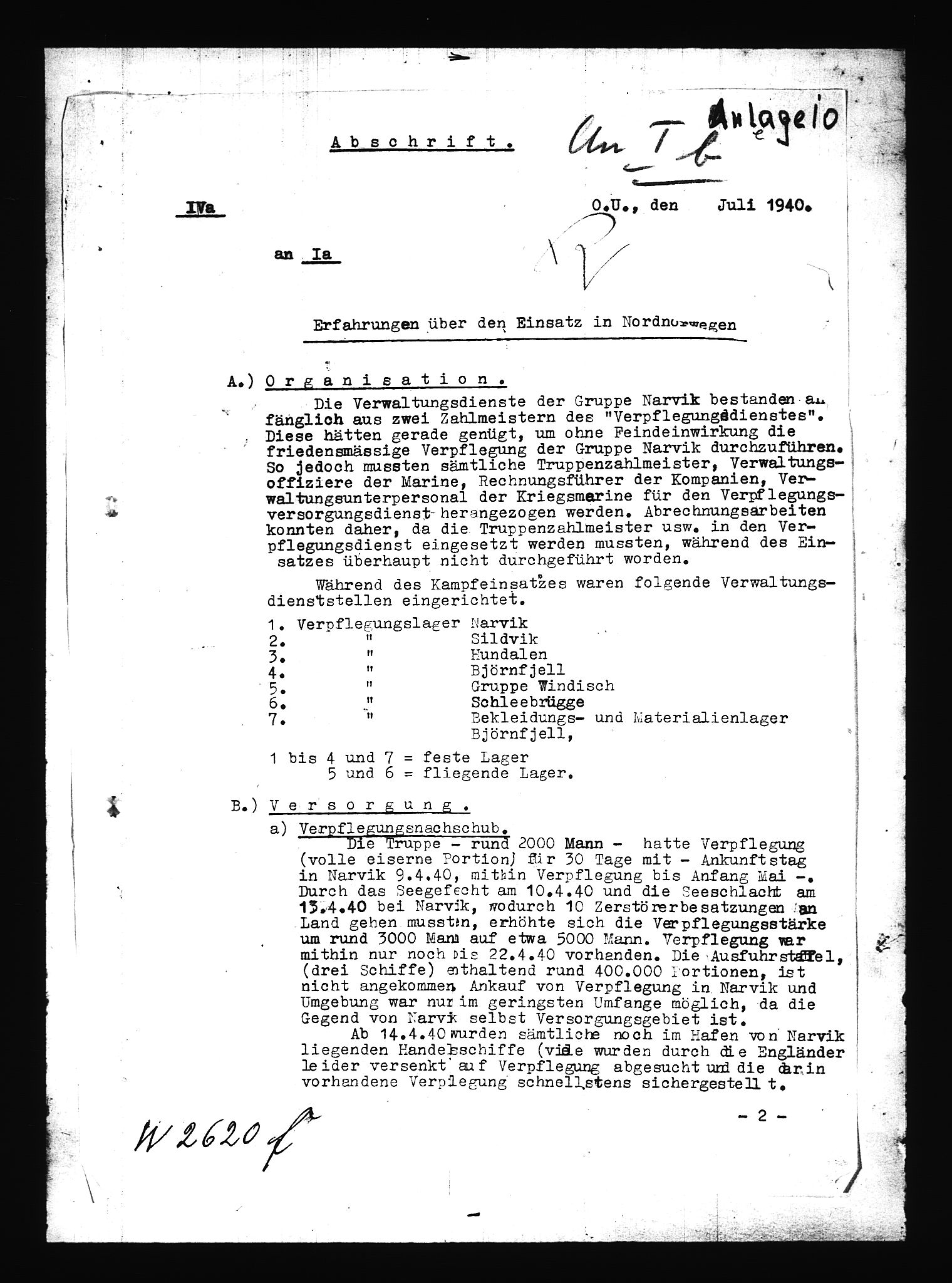 Documents Section, RA/RAFA-2200/V/L0086: Amerikansk mikrofilm "Captured German Documents".
Box No. 725.  FKA jnr. 601/1954., 1940, p. 384