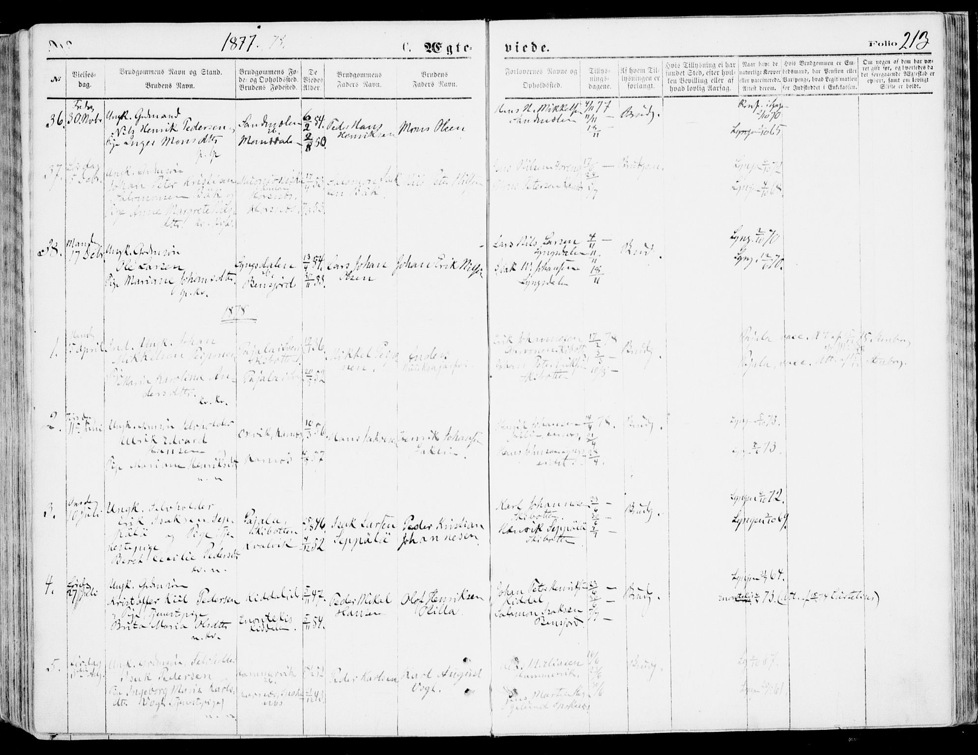 Lyngen sokneprestembete, AV/SATØ-S-1289/H/He/Hea/L0006kirke: Parish register (official) no. 6, 1870-1878, p. 213