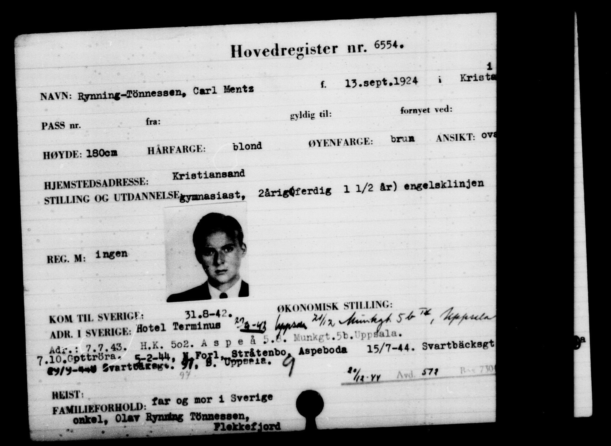 Utenriksstasjonene, Legasjonen i Stockholm, Flyktningkontoret, AV/RA-S-6753/V/Va/L0004: Kjesäterkartoteket, flyktninger med registreringsnr. 3496-6610, 1940-1945, p. 3616