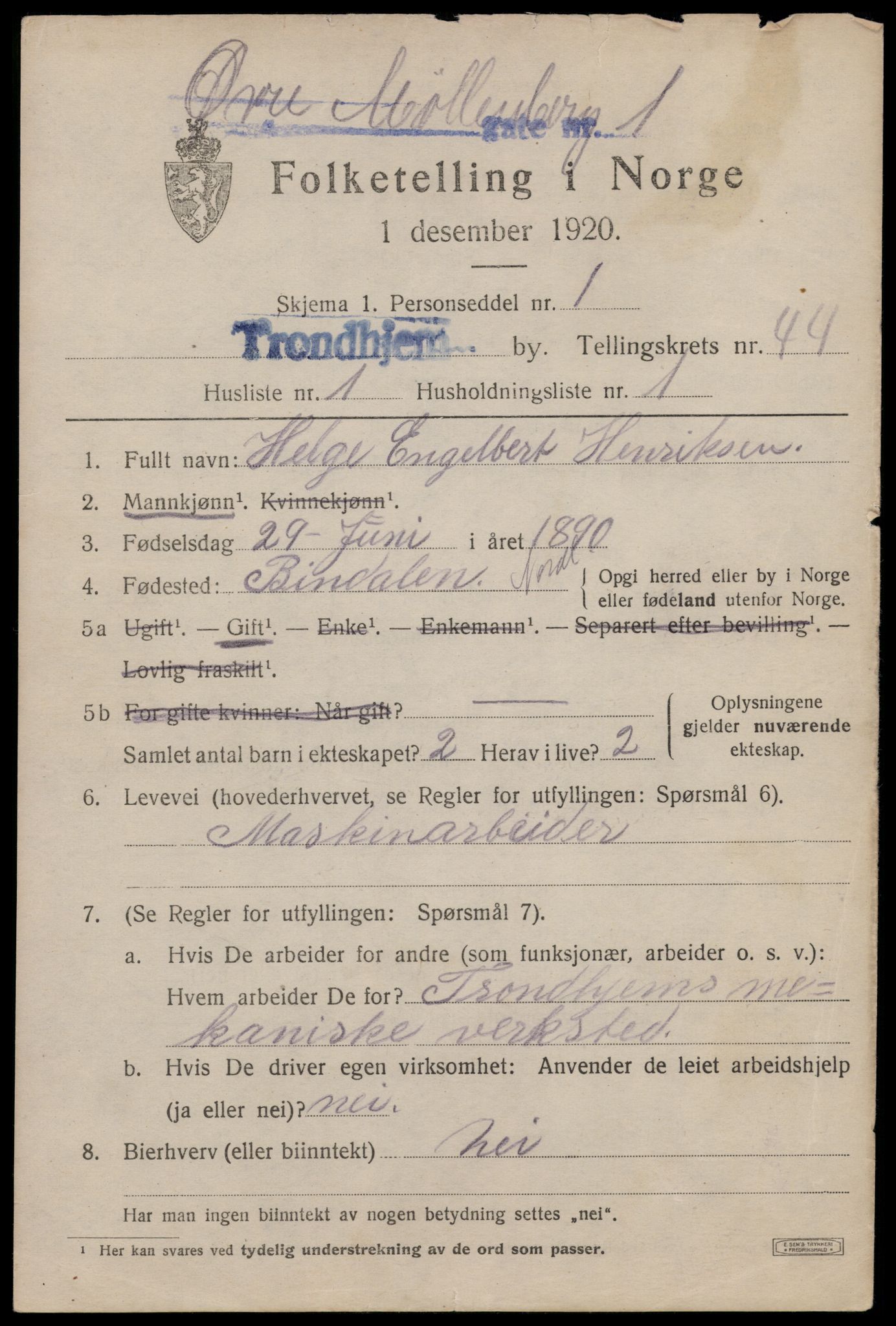 SAT, 1920 census for Trondheim, 1920, p. 94864