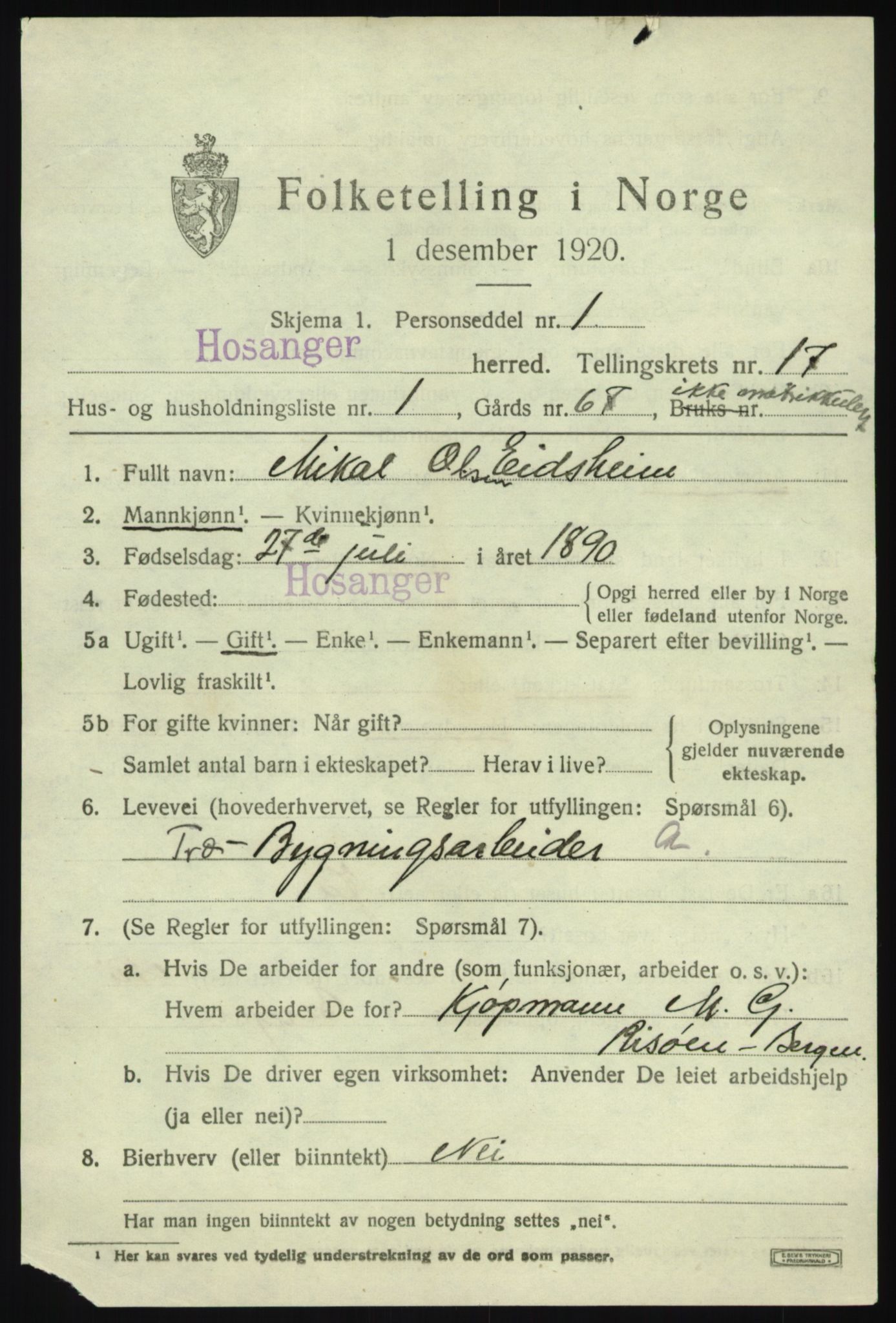 SAB, 1920 census for Hosanger, 1920, p. 6473