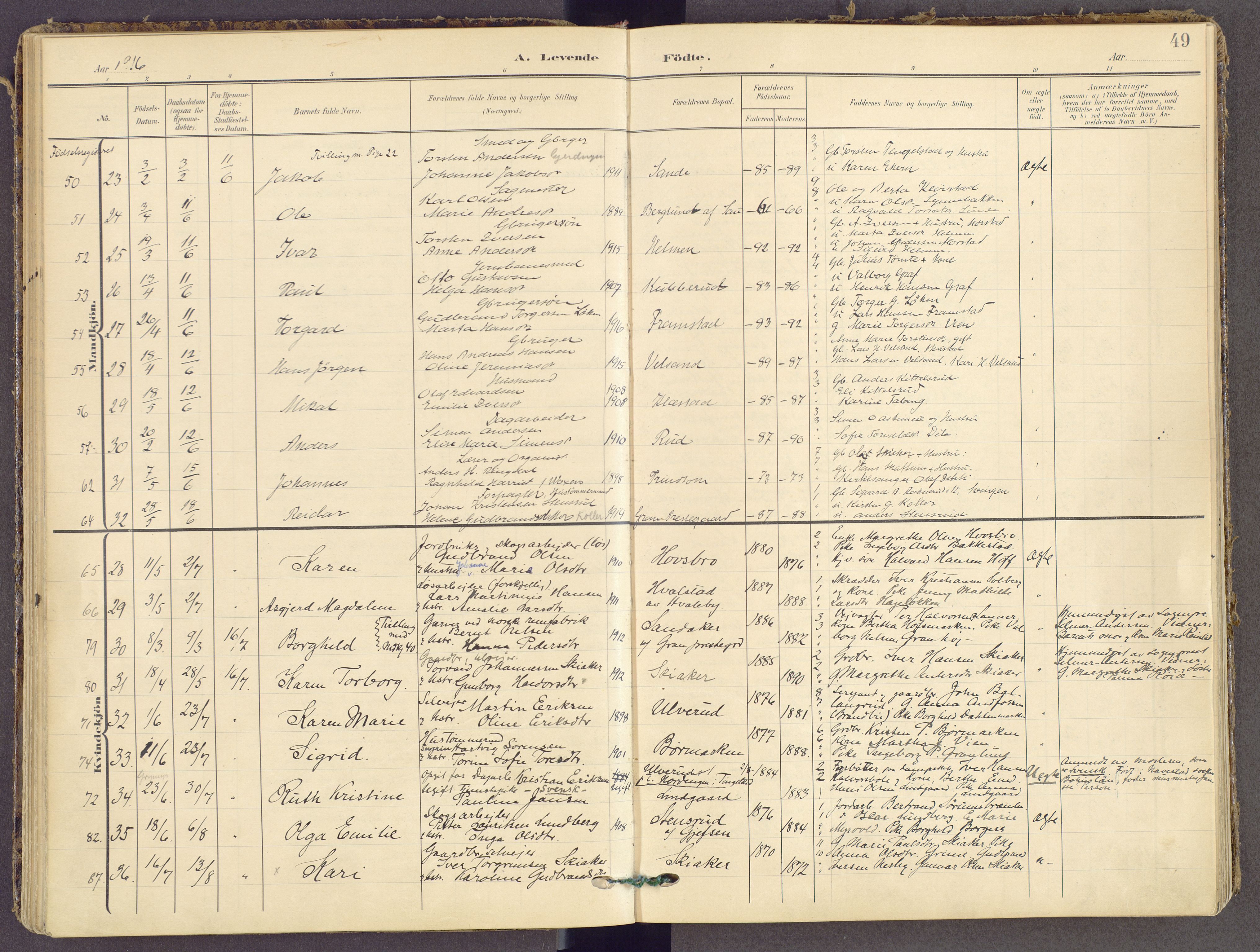 Gran prestekontor, SAH/PREST-112/H/Ha/Haa/L0021: Parish register (official) no. 21, 1908-1932, p. 49