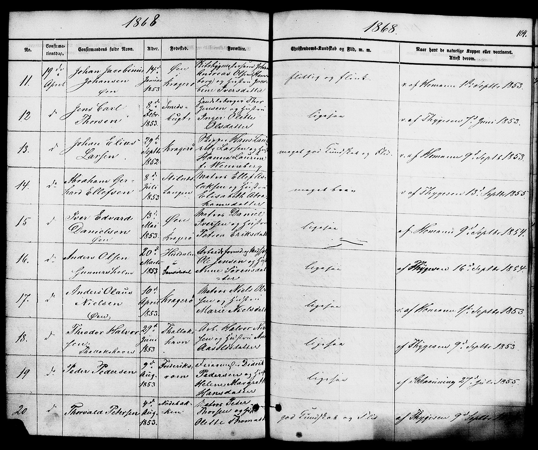 Kragerø kirkebøker, AV/SAKO-A-278/F/Fa/L0008: Parish register (official) no. 8, 1856-1880, p. 104