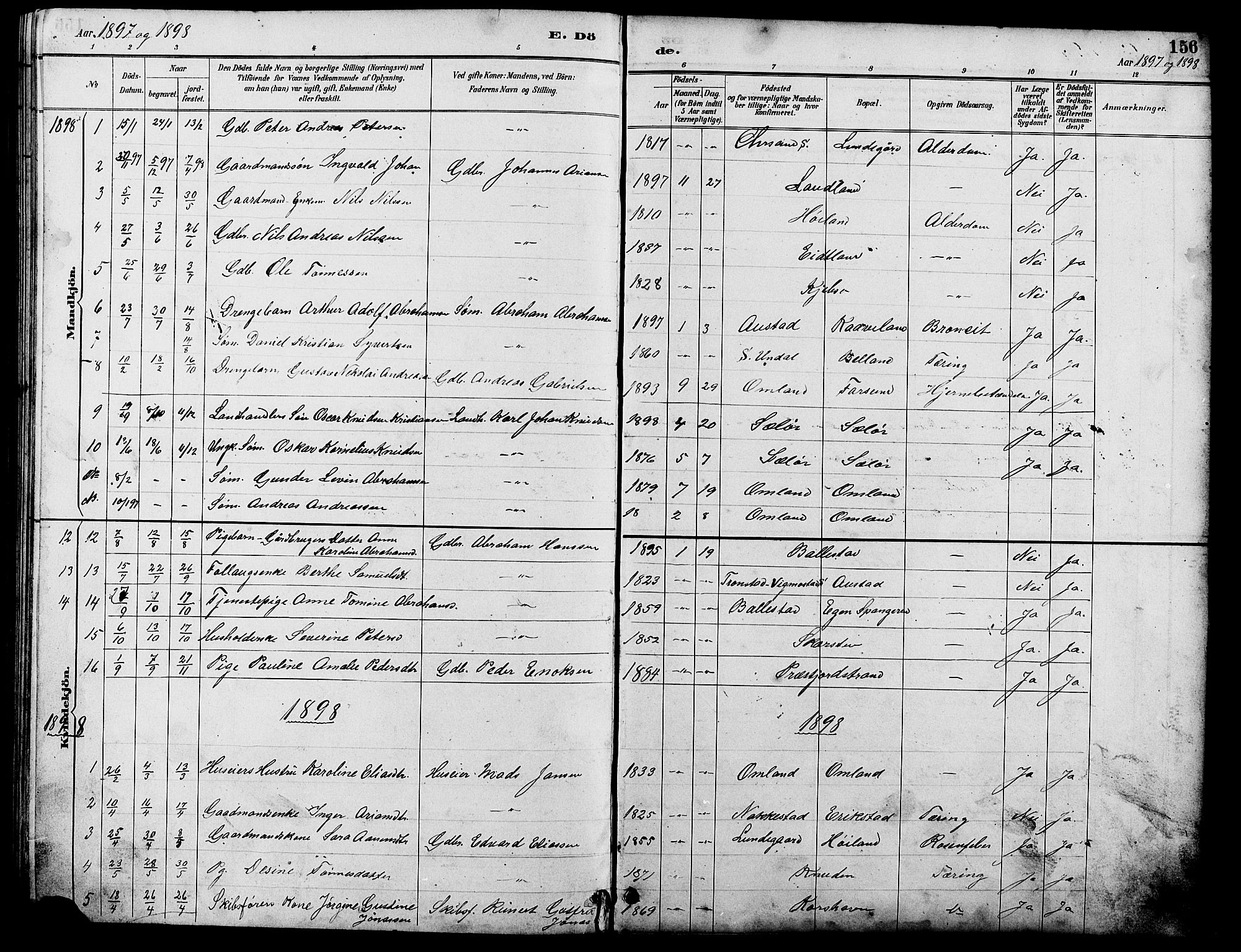 Lyngdal sokneprestkontor, AV/SAK-1111-0029/F/Fb/Fba/L0003: Parish register (copy) no. B 3, 1886-1903, p. 156