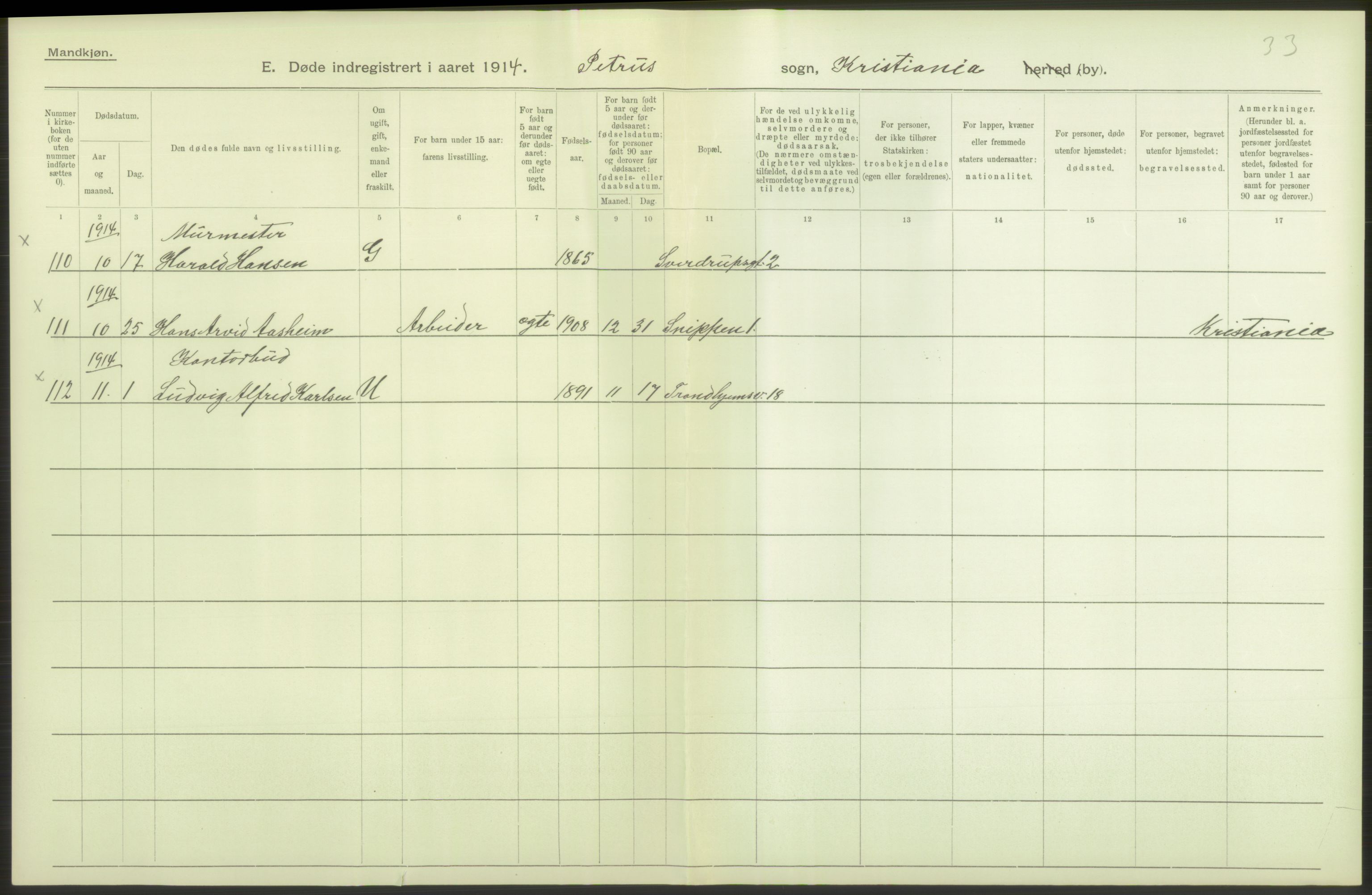 Statistisk sentralbyrå, Sosiodemografiske emner, Befolkning, AV/RA-S-2228/D/Df/Dfb/Dfbd/L0008: Kristiania: Døde, 1914, p. 322