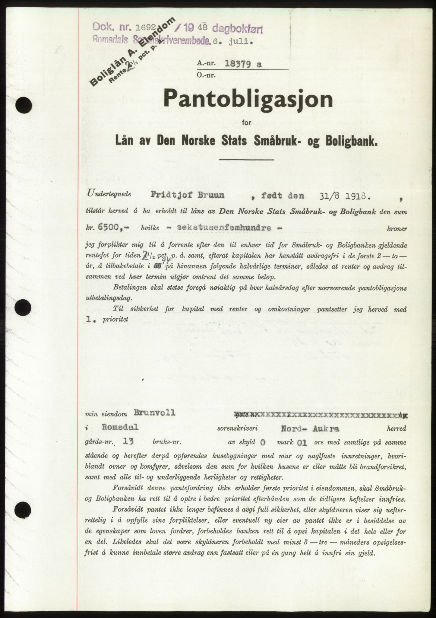 Romsdal sorenskriveri, AV/SAT-A-4149/1/2/2C: Mortgage book no. B4, 1948-1949, Diary no: : 1692/1948