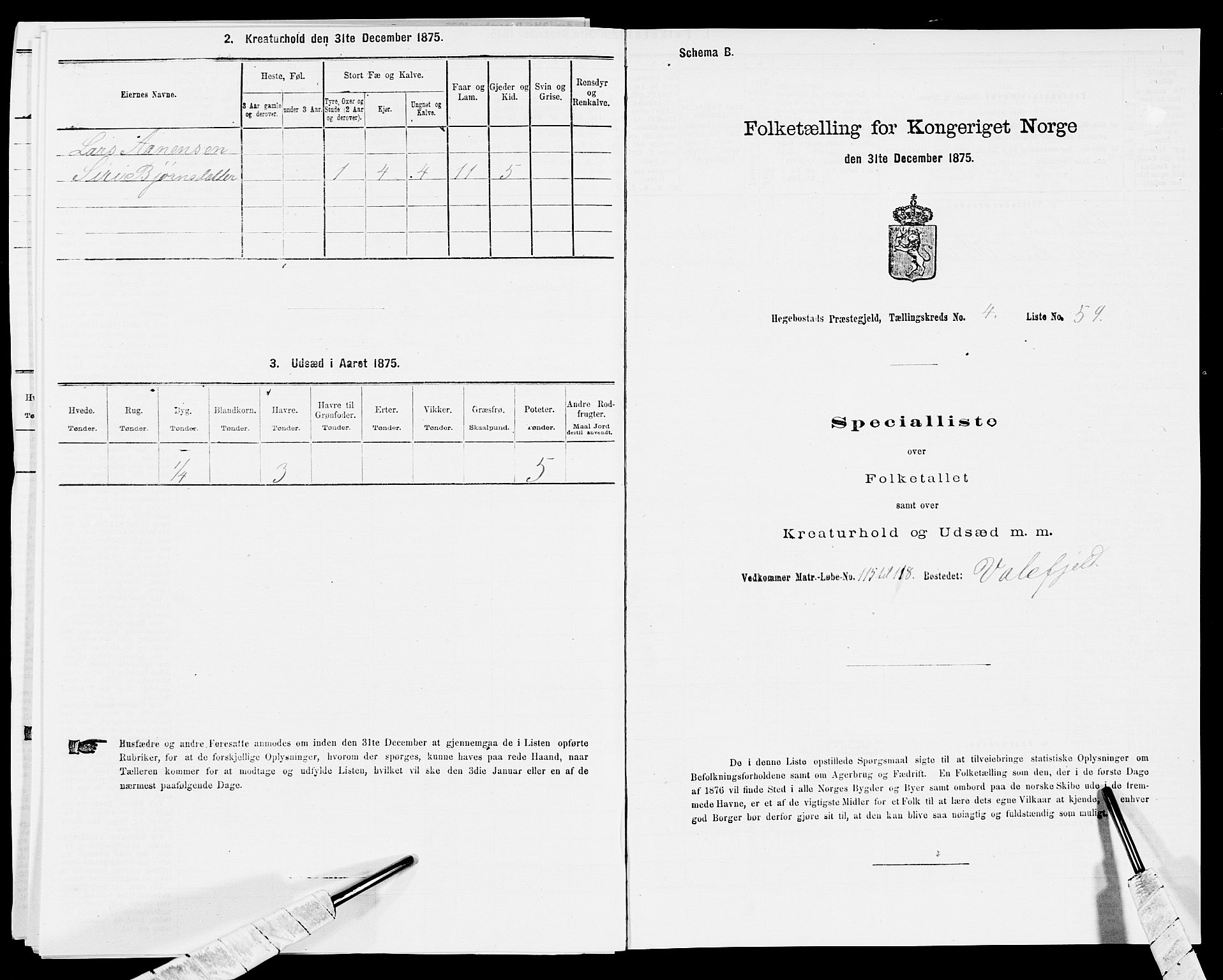 SAK, 1875 census for 1034P Hægebostad, 1875, p. 465