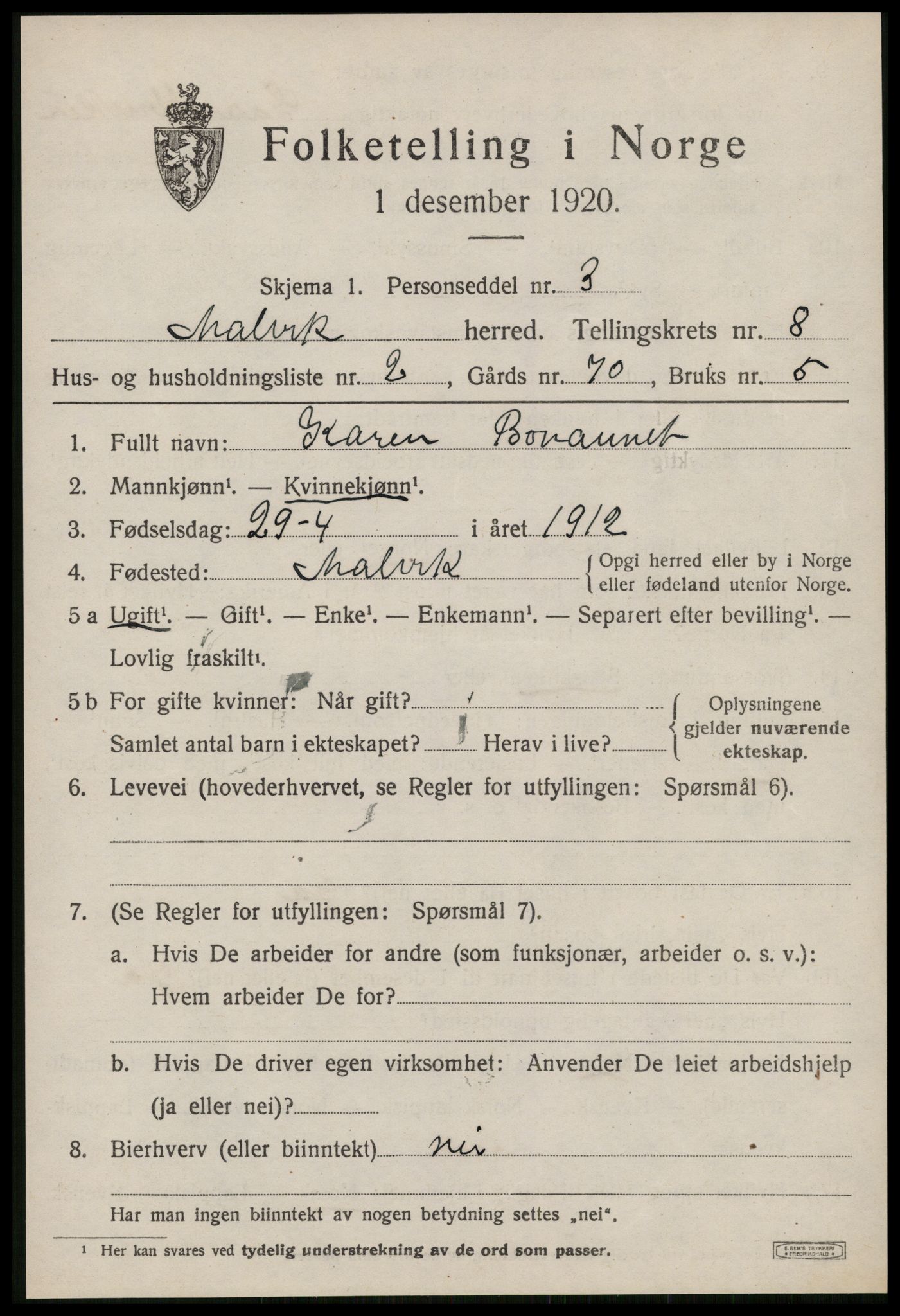 SAT, 1920 census for Malvik, 1920, p. 7598