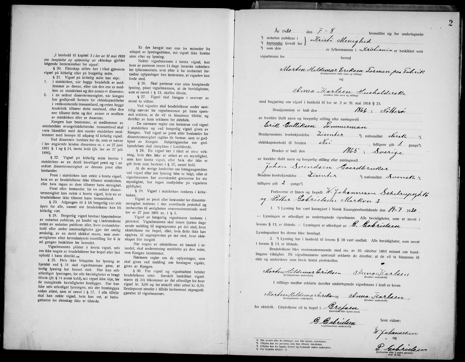 Kristi menighet Oslo , SAO/PAO-0220/D/L0002: Marriage register (dissenter) no. 2, 1920-1936, p. 2