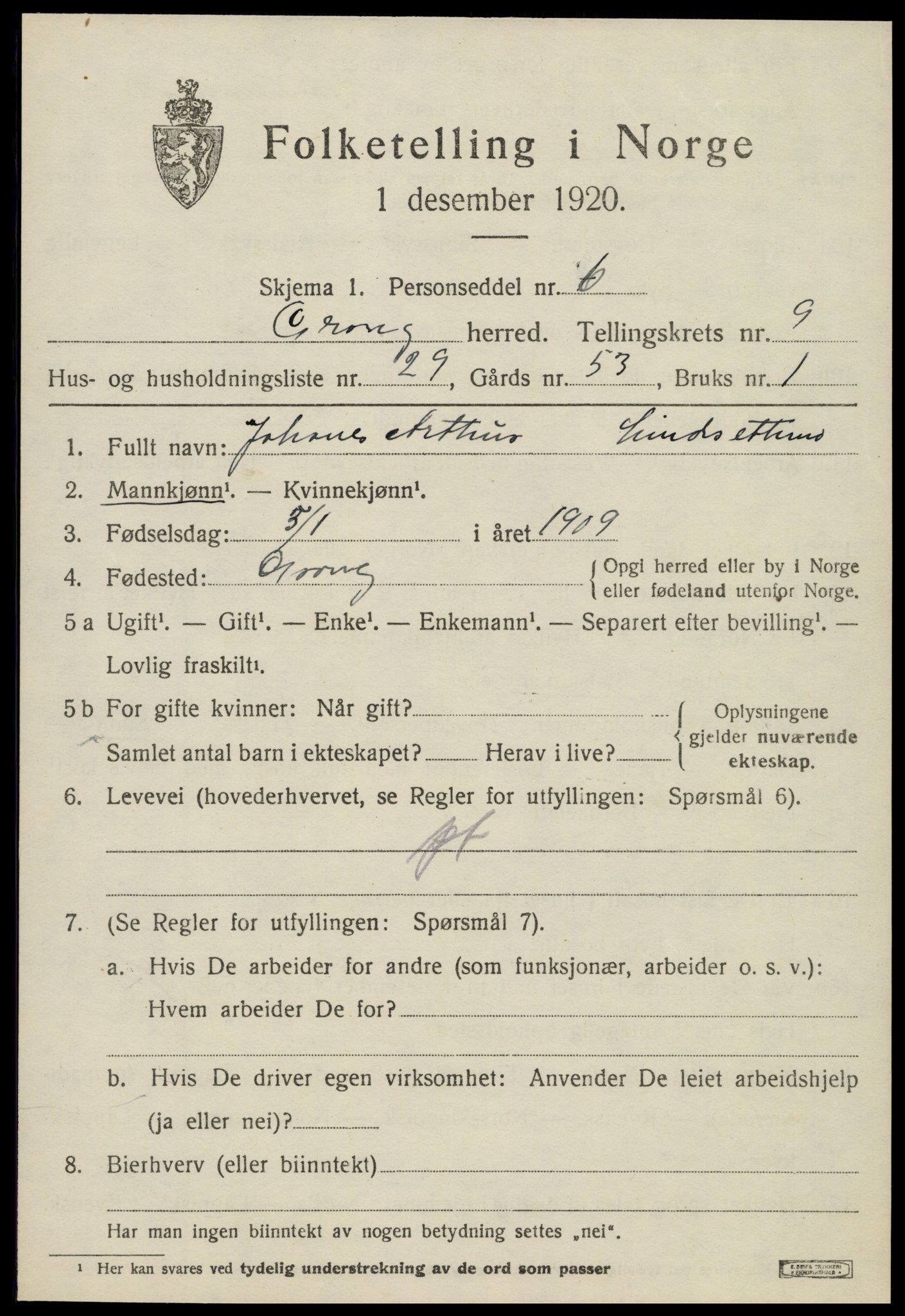 SAT, 1920 census for Grong, 1920, p. 5581