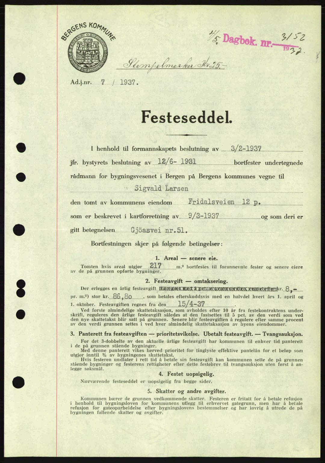 Byfogd og Byskriver i Bergen, SAB/A-3401/03/03Bc/L0004: Mortgage book no. A3-4, 1936-1937, Diary no: : 3152/1937