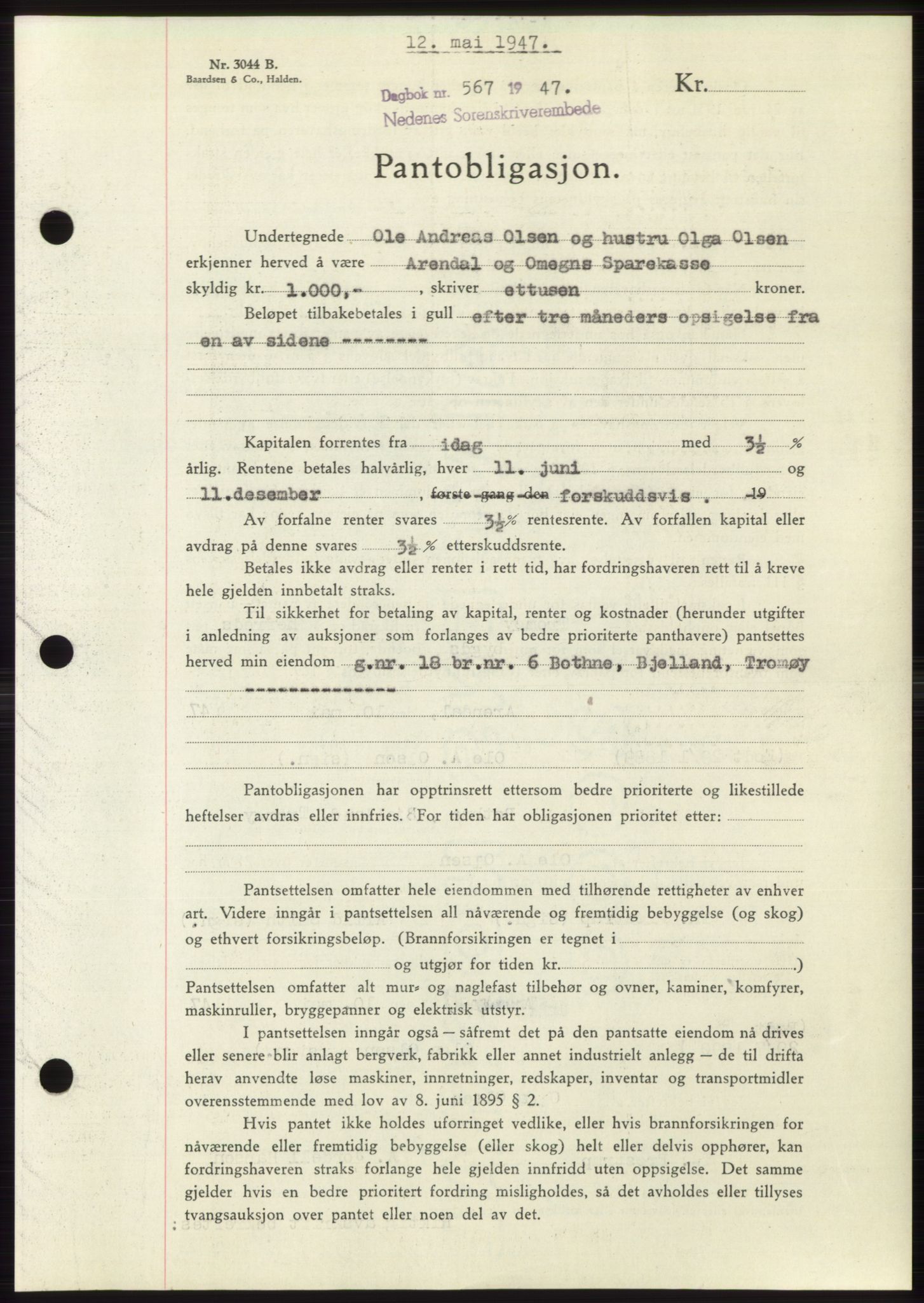 Nedenes sorenskriveri, AV/SAK-1221-0006/G/Gb/Gbb/L0004: Mortgage book no. B4, 1947-1947, Diary no: : 567/1947