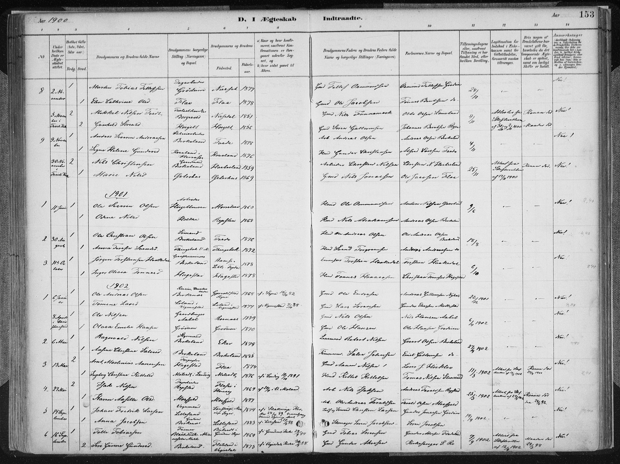 Birkenes sokneprestkontor, SAK/1111-0004/F/Fa/L0005: Parish register (official) no. A 5, 1887-1907, p. 153