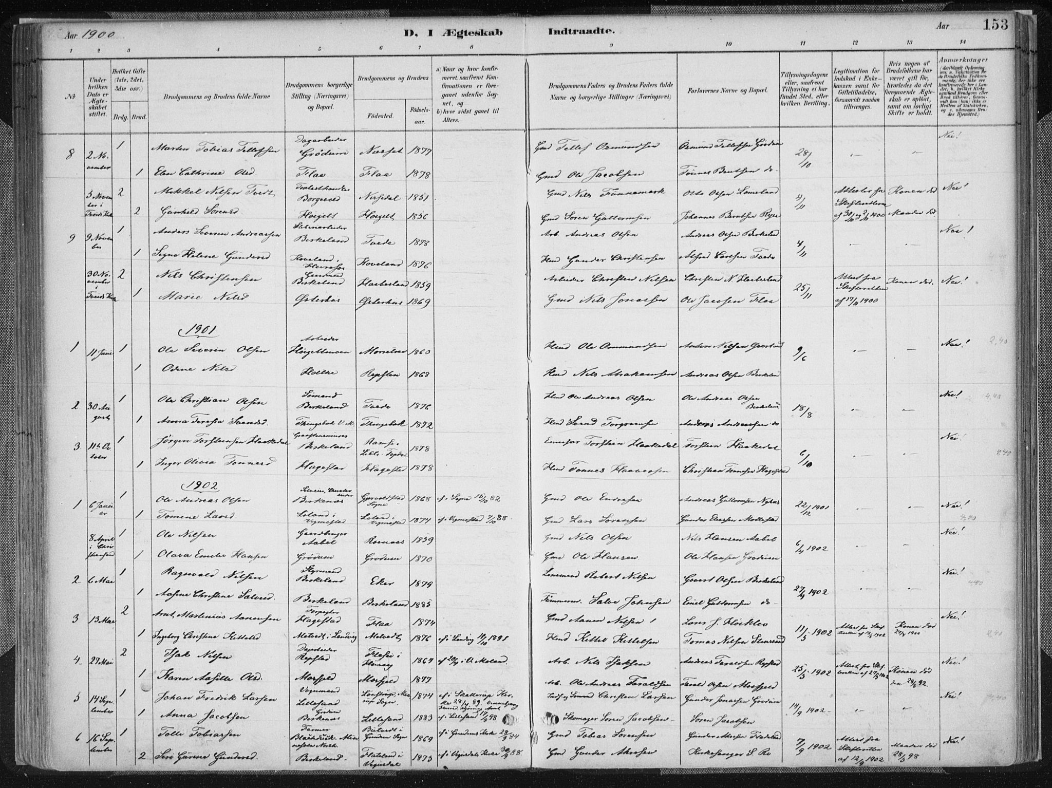 Birkenes sokneprestkontor, AV/SAK-1111-0004/F/Fa/L0005: Parish register (official) no. A 5, 1887-1907, p. 153