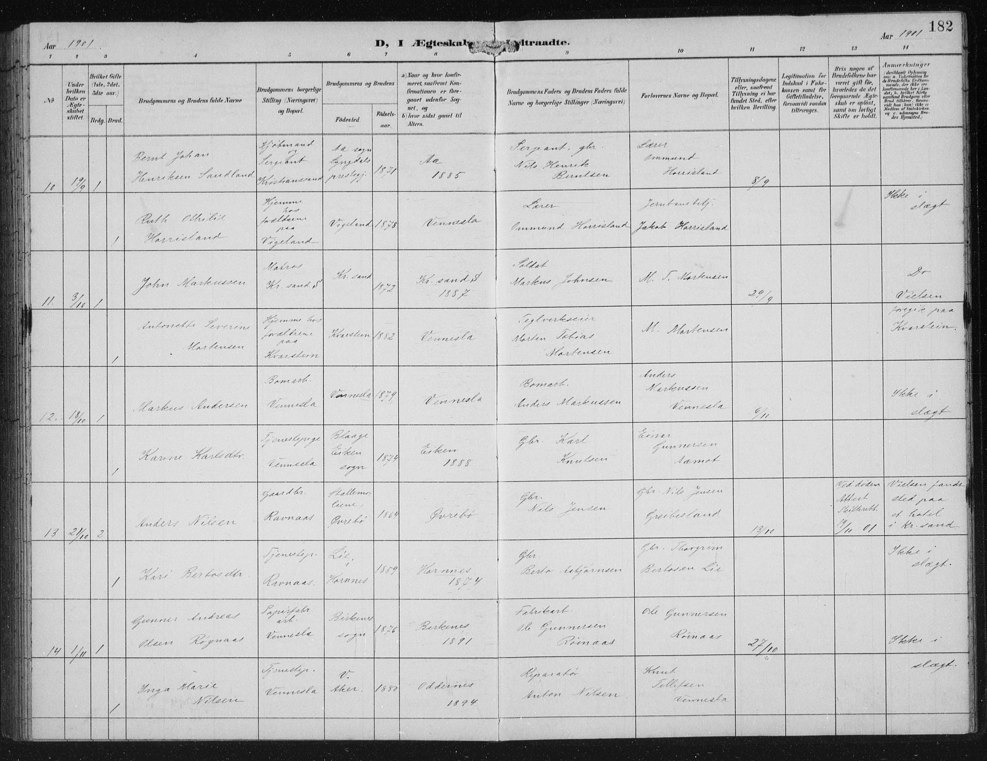 Vennesla sokneprestkontor, AV/SAK-1111-0045/Fb/Fbb/L0004: Parish register (copy) no. B 4, 1893-1902, p. 182