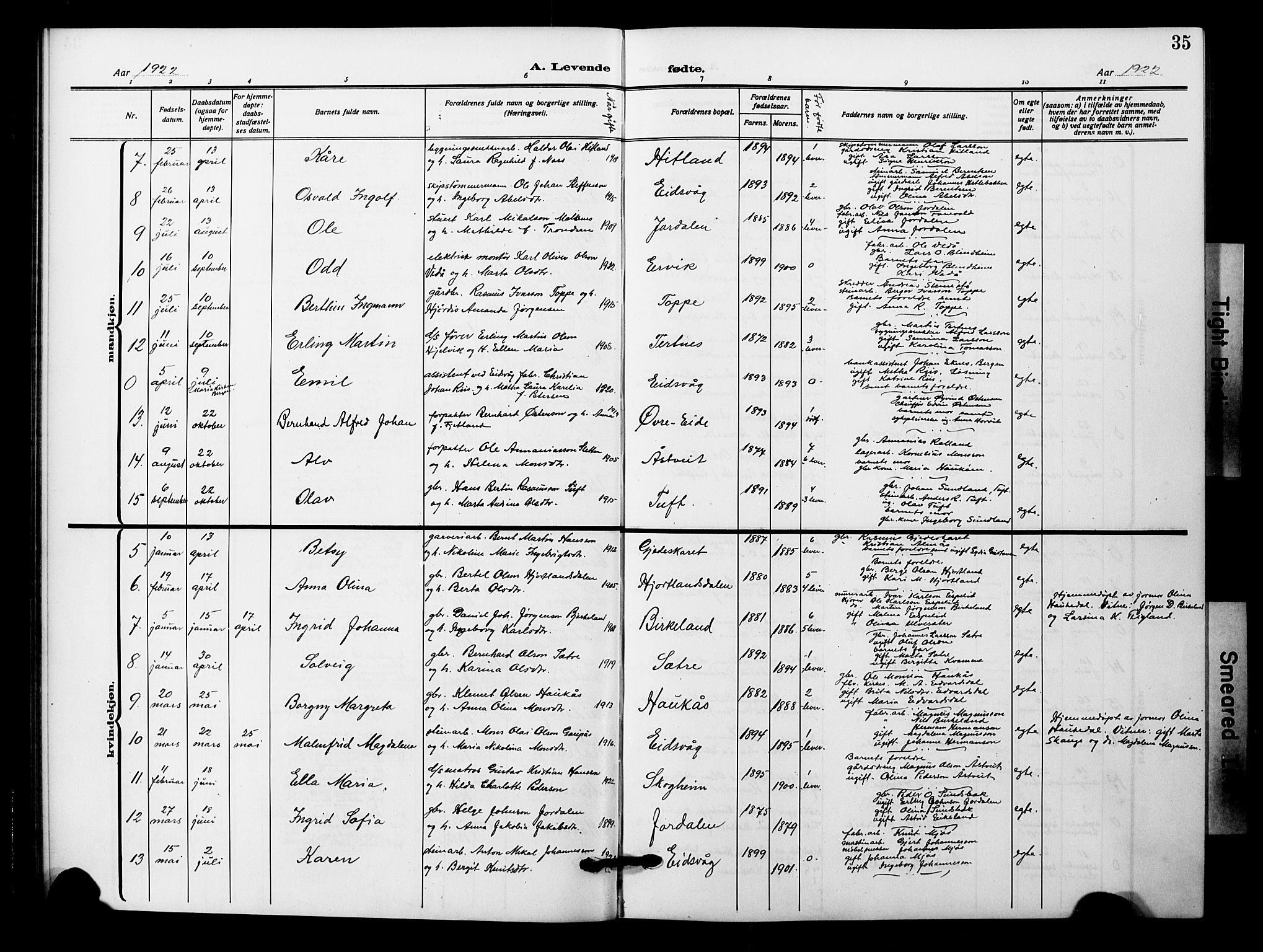 Åsane sokneprestembete, AV/SAB-A-79401/H/Hab: Parish register (copy) no. A 4, 1915-1927, p. 35