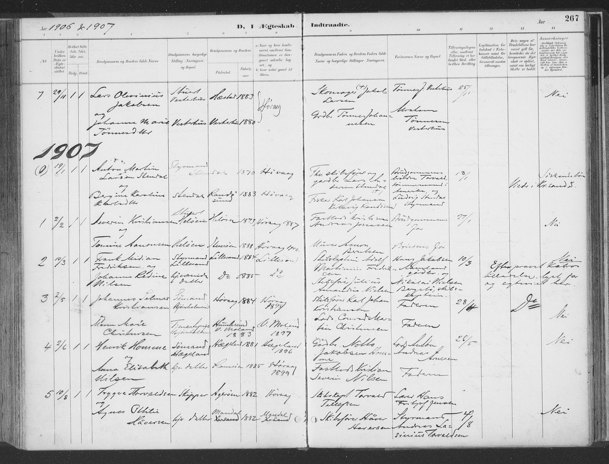 Høvåg sokneprestkontor, AV/SAK-1111-0025/F/Fa/L0006: Parish register (official) no. A 6, 1894-1923, p. 267