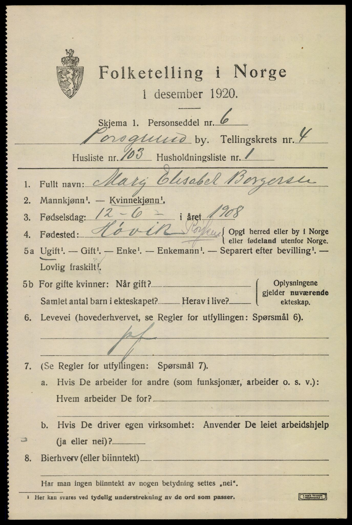 SAKO, 1920 census for Porsgrunn, 1920, p. 19901