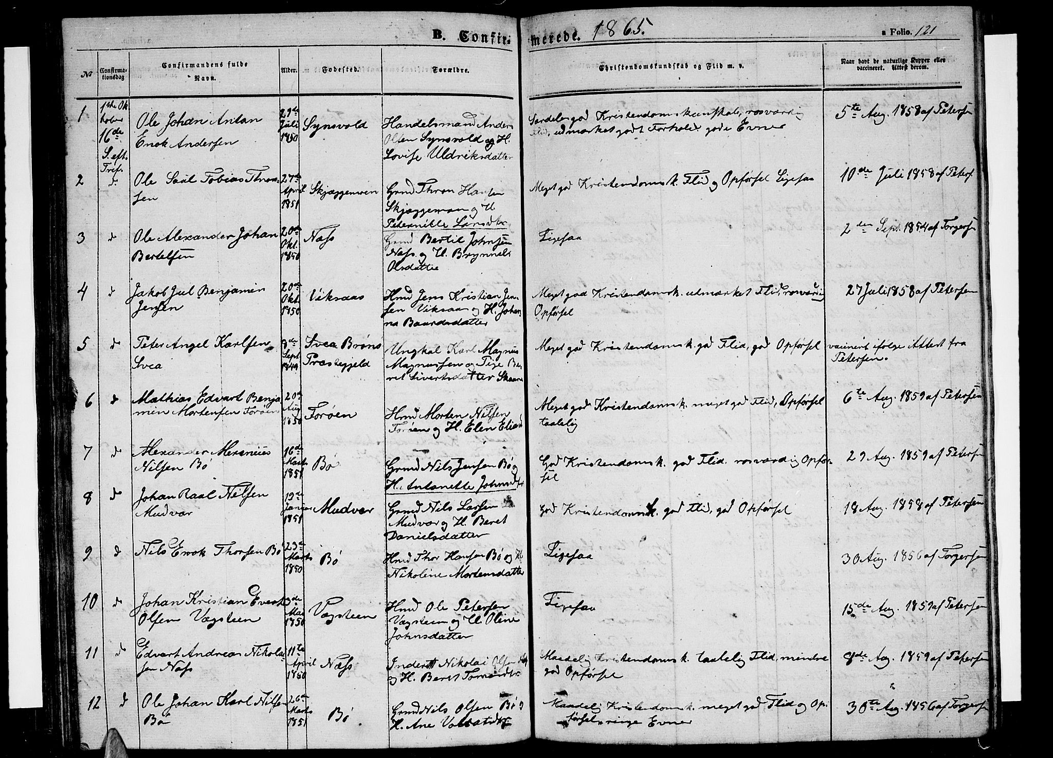Ministerialprotokoller, klokkerbøker og fødselsregistre - Nordland, SAT/A-1459/816/L0251: Parish register (copy) no. 816C01, 1852-1870, p. 121
