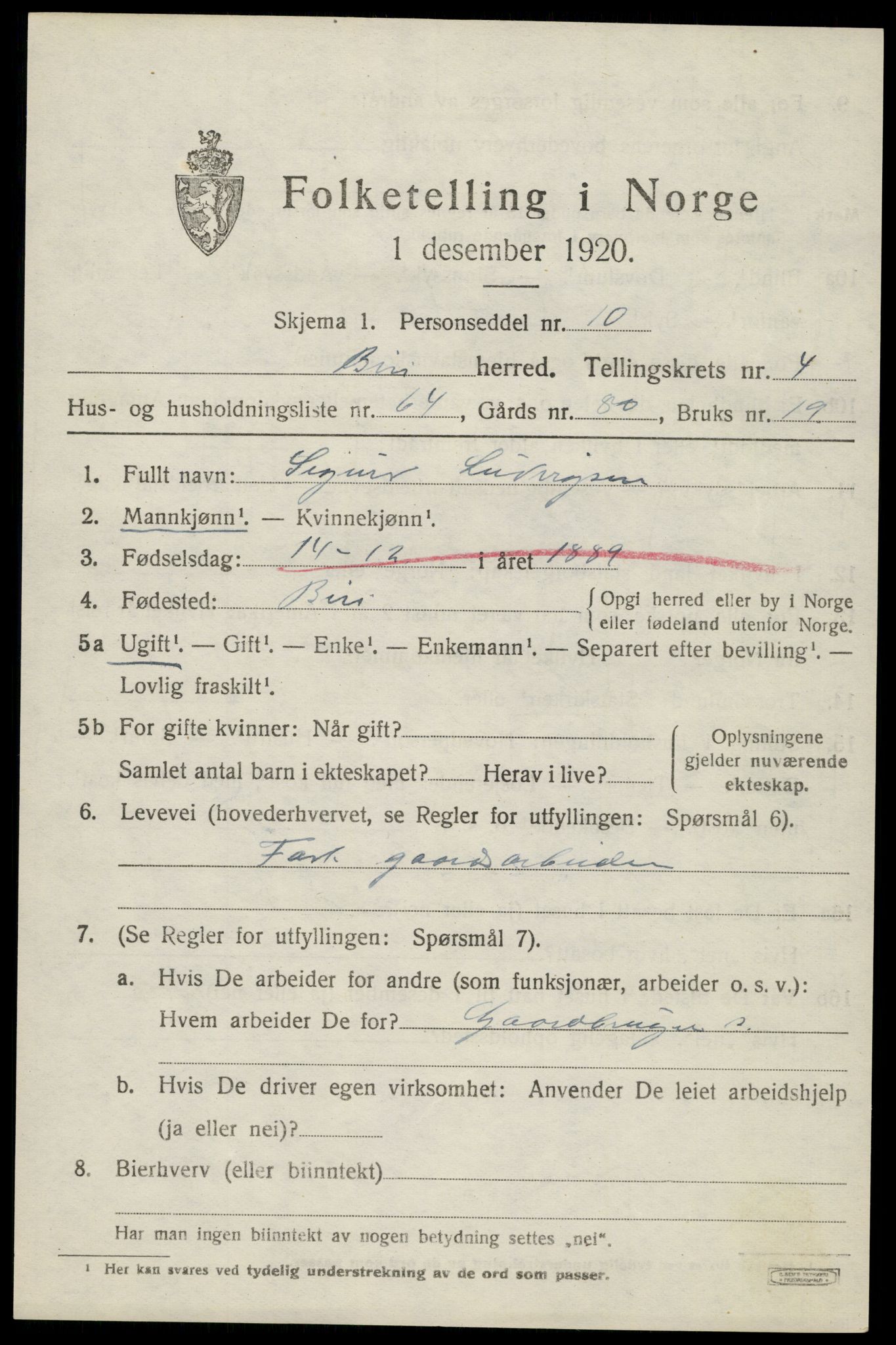 SAH, 1920 census for Biri, 1920, p. 3801