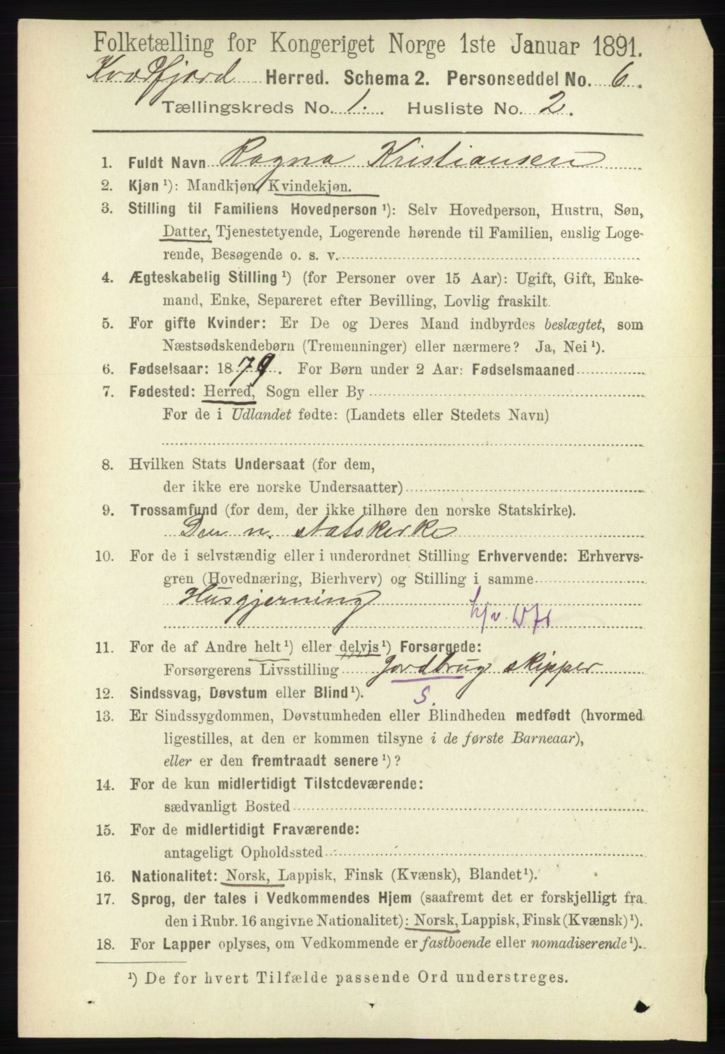 RA, 1891 census for 1911 Kvæfjord, 1891, p. 105