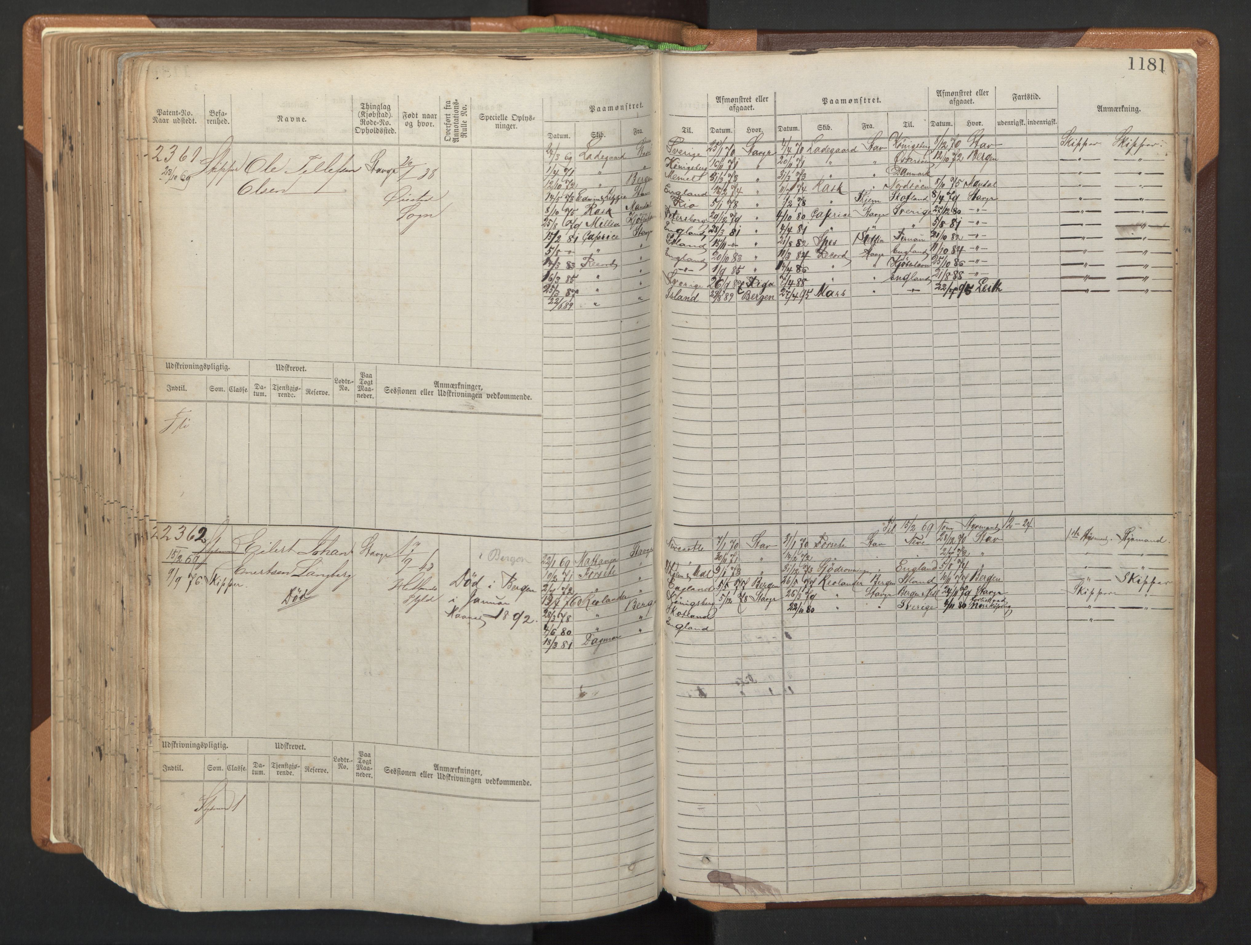 Stavanger sjømannskontor, AV/SAST-A-102006/F/Fb/Fbb/L0006: Sjøfartshovedrulle, patentnr. 1607-2402 (del 3), 1869-1880, p. 381