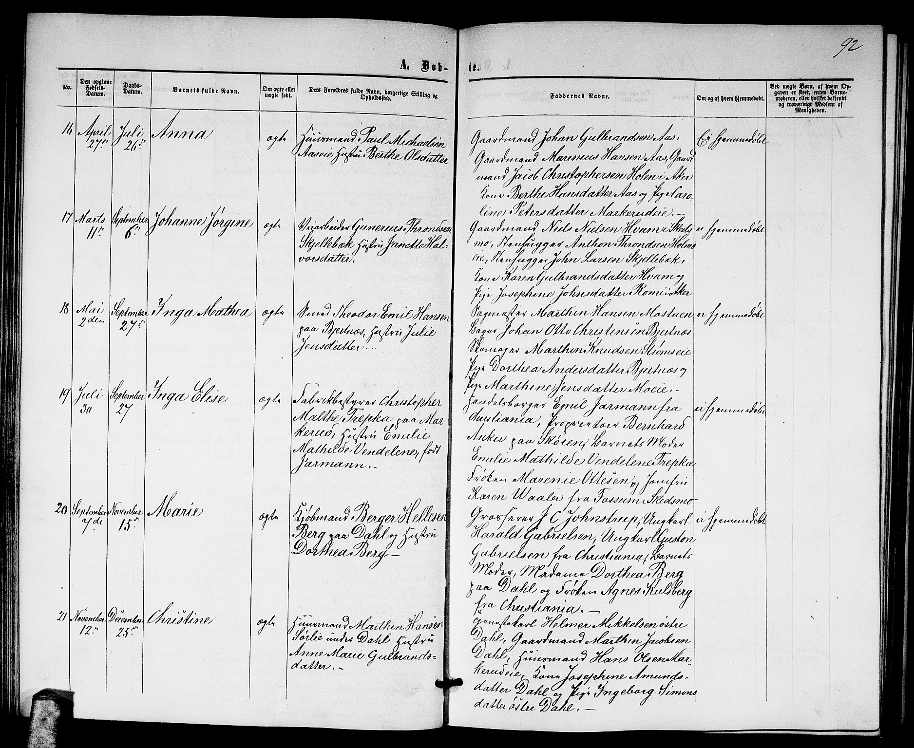 Nittedal prestekontor Kirkebøker, SAO/A-10365a/G/Ga/L0001: Parish register (copy) no. I 1, 1859-1878, p. 92