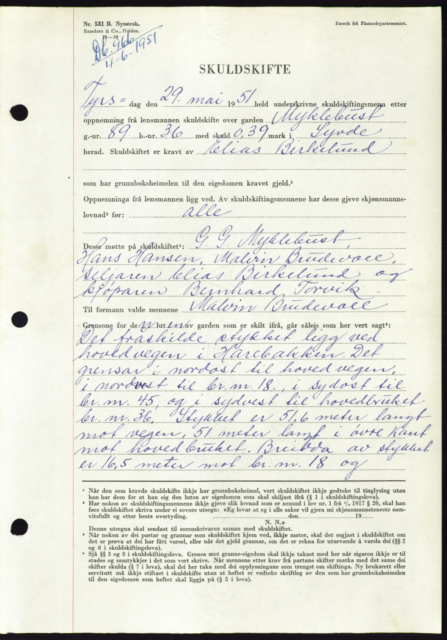 Søre Sunnmøre sorenskriveri, AV/SAT-A-4122/1/2/2C/L0089: Mortgage book no. 15A, 1951-1951, Diary no: : 966/1951