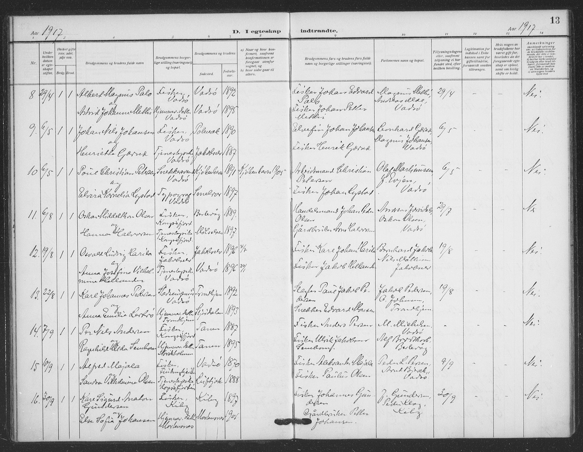 Vadsø sokneprestkontor, SATØ/S-1325/H/Ha/L0008kirke: Parish register (official) no. 8, 1912-1930, p. 13