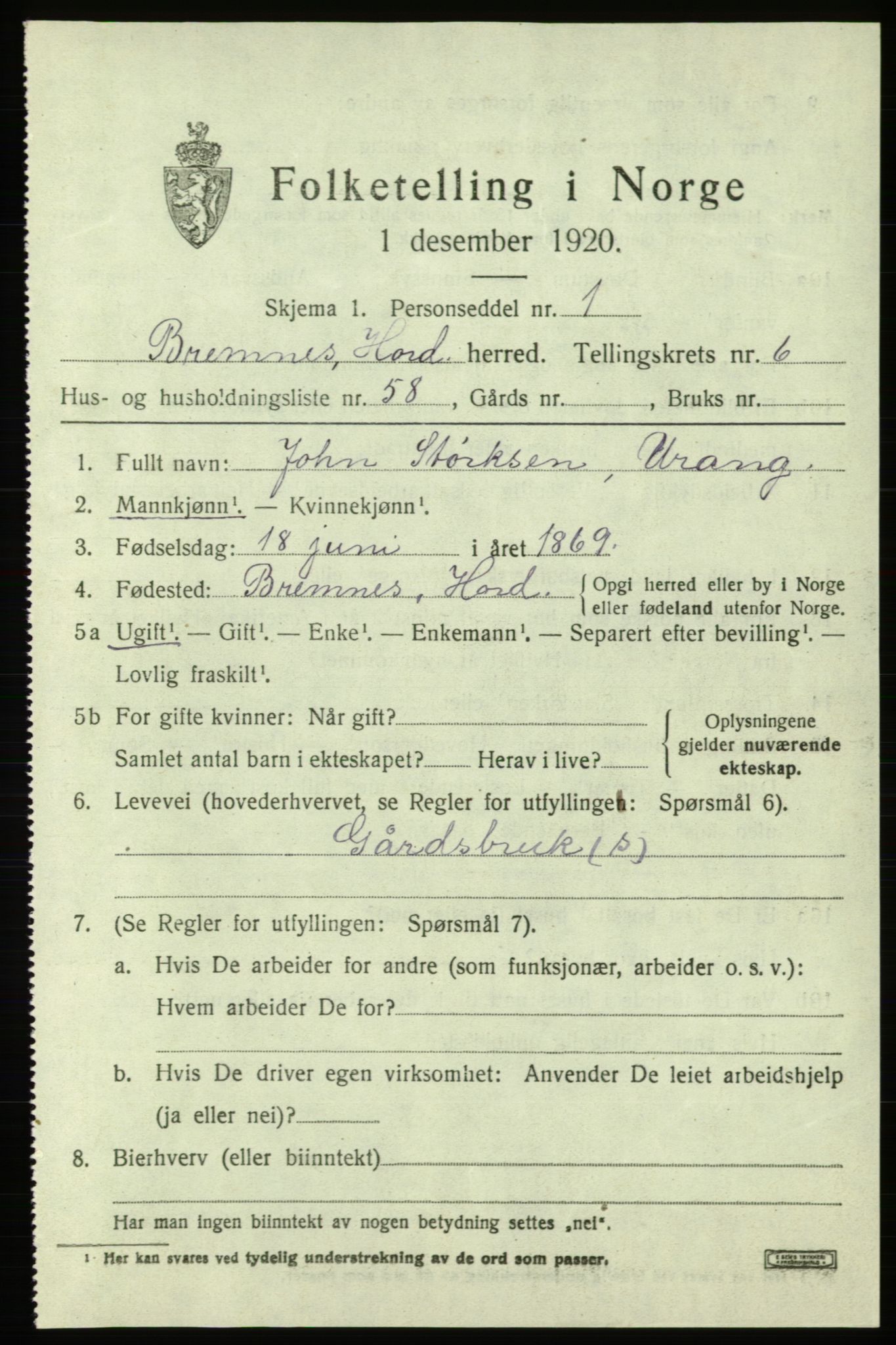 SAB, 1920 census for Bremnes, 1920, p. 4000