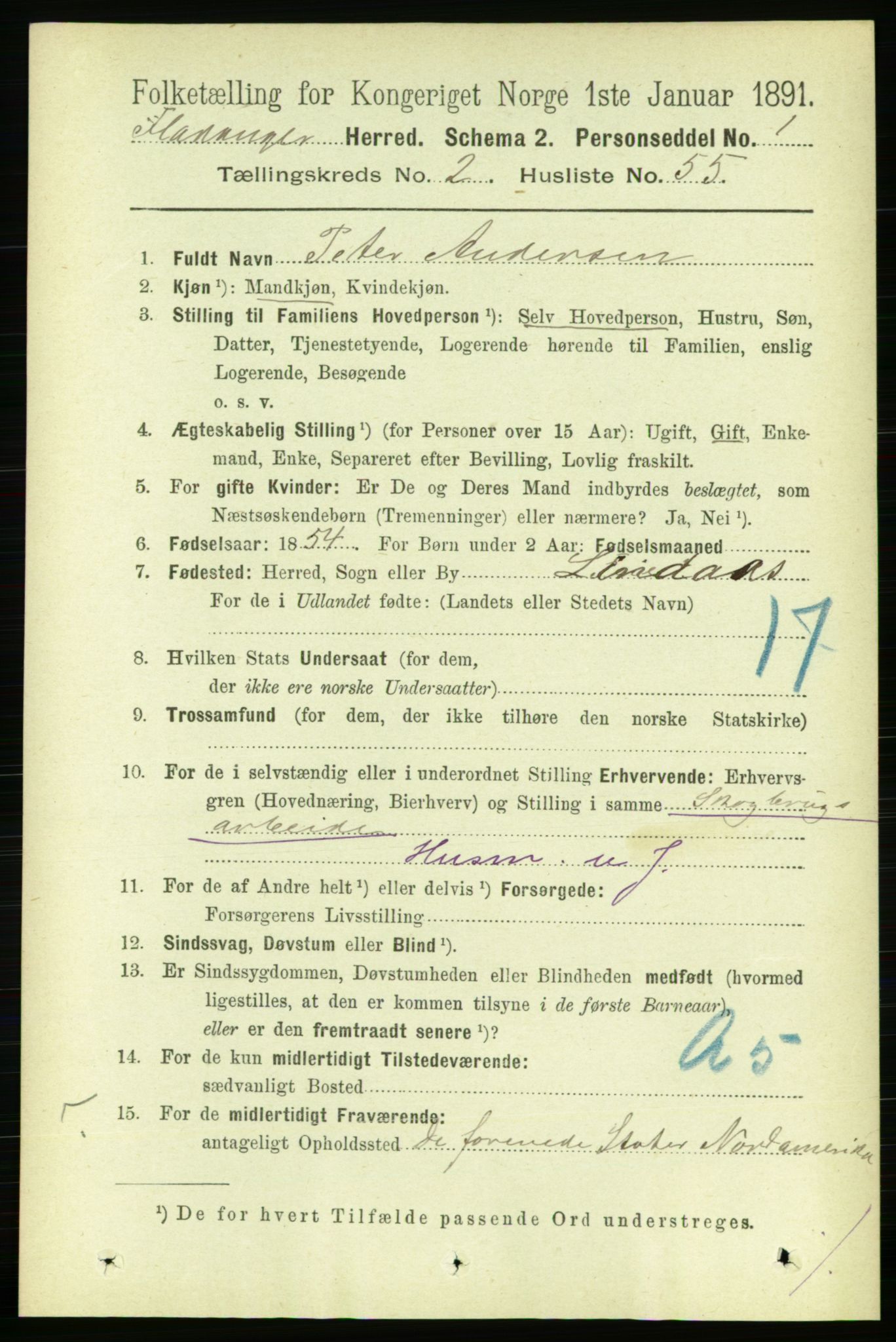 RA, 1891 census for 1749 Flatanger, 1891, p. 1021