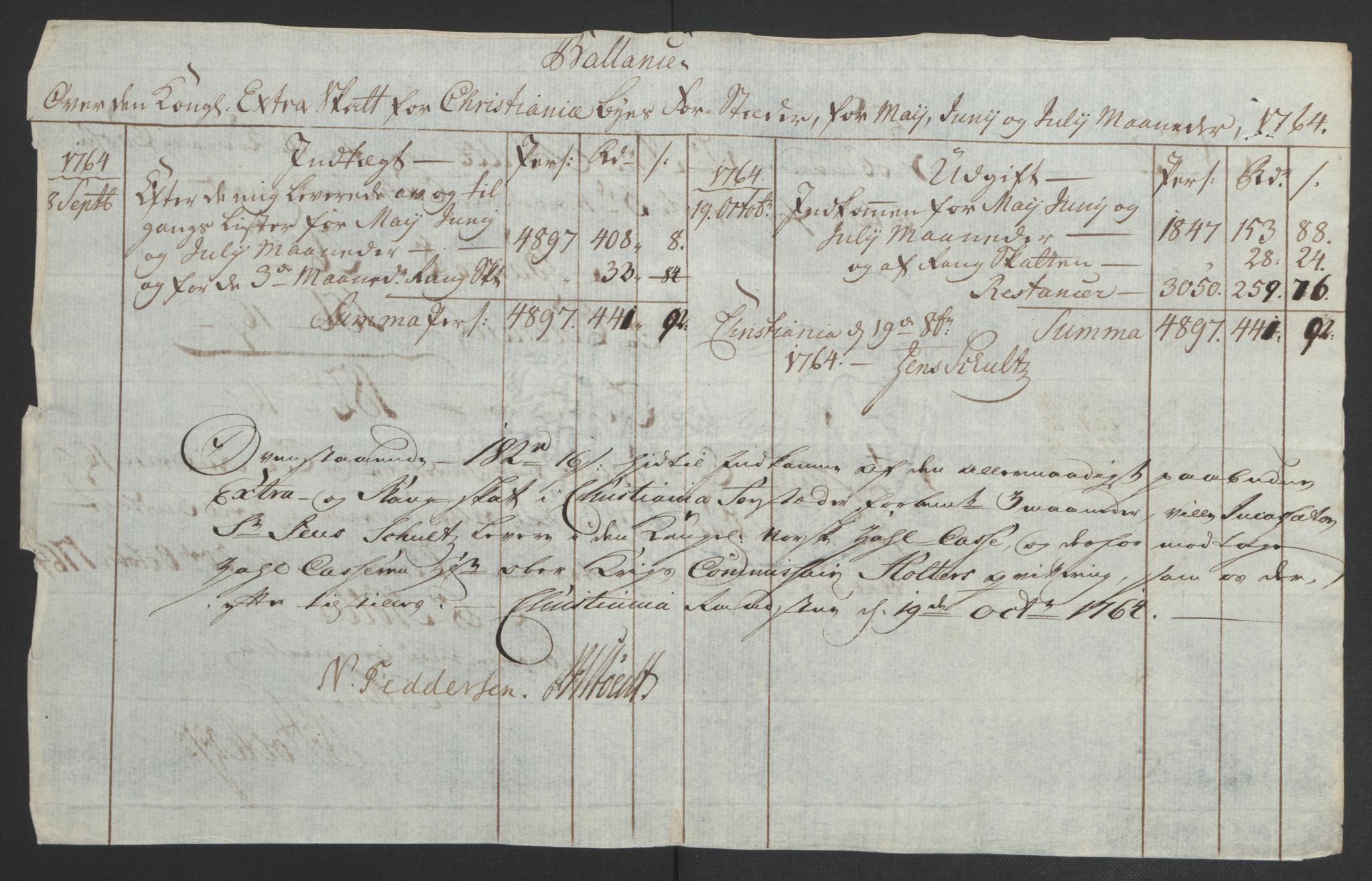 Rentekammeret inntil 1814, Reviderte regnskaper, Byregnskaper, AV/RA-EA-4066/R/Re/L0072/0001: [E13] Kontribusjonsregnskap / Ekstraskatt, 1763-1764, p. 449