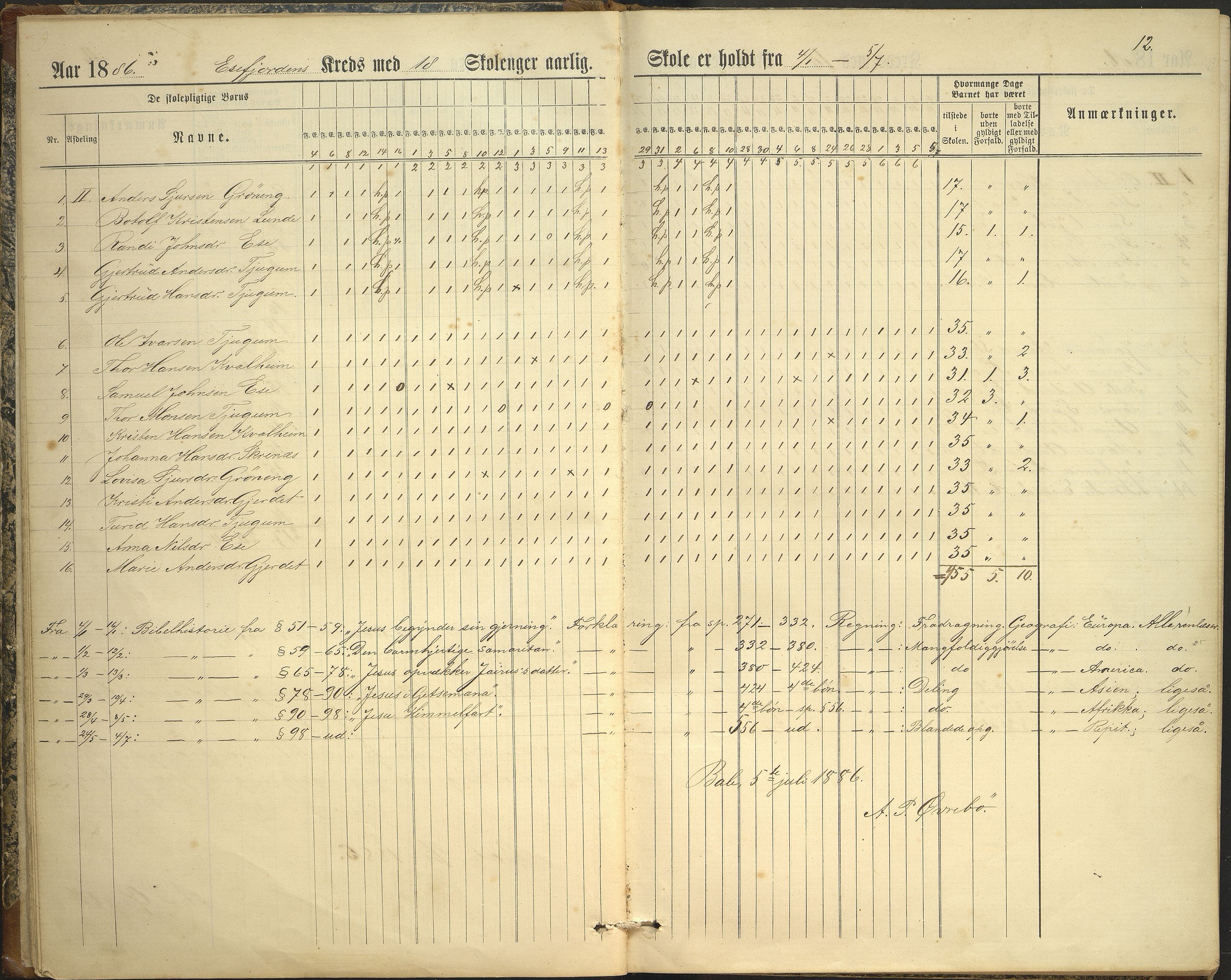 Balestrand kommune. Grøneng skule/Esefjorden skulekrins, VLFK/K-14180.520.07/543/L0001: dagbok for Esefjorden skulekrins, 1882-1905, p. 12