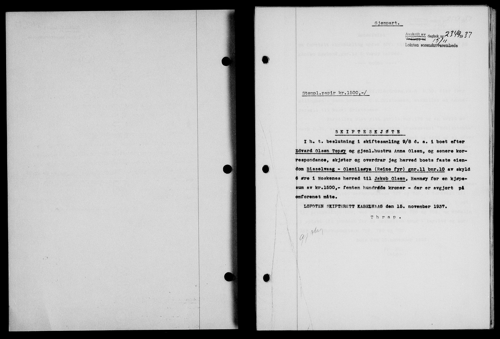 Lofoten sorenskriveri, SAT/A-0017/1/2/2C/L0003a: Mortgage book no. 3a, 1937-1938, Diary no: : 2349/1937
