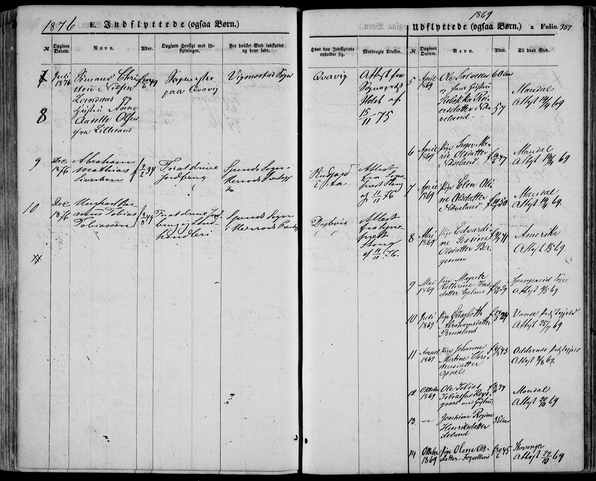 Lyngdal sokneprestkontor, SAK/1111-0029/F/Fa/Fac/L0010: Parish register (official) no. A 10, 1865-1878, p. 357