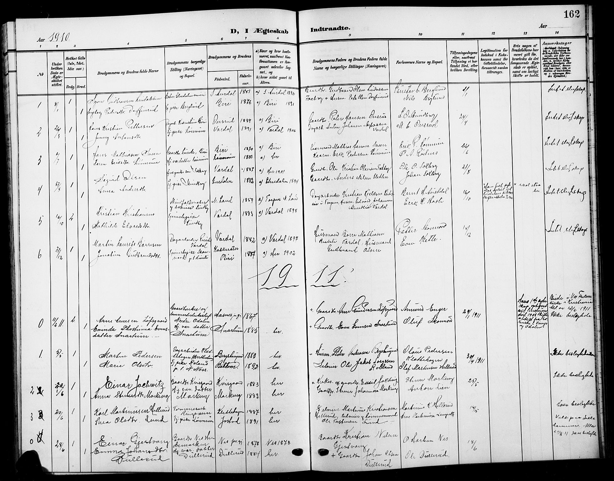 Biri prestekontor, SAH/PREST-096/H/Ha/Hab/L0005: Parish register (copy) no. 5, 1906-1919, p. 162